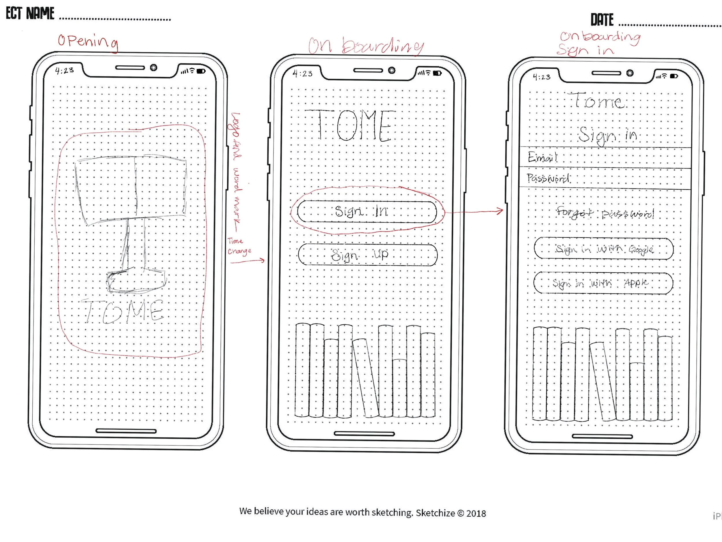 Low fidelity sketches of different screens for the app.