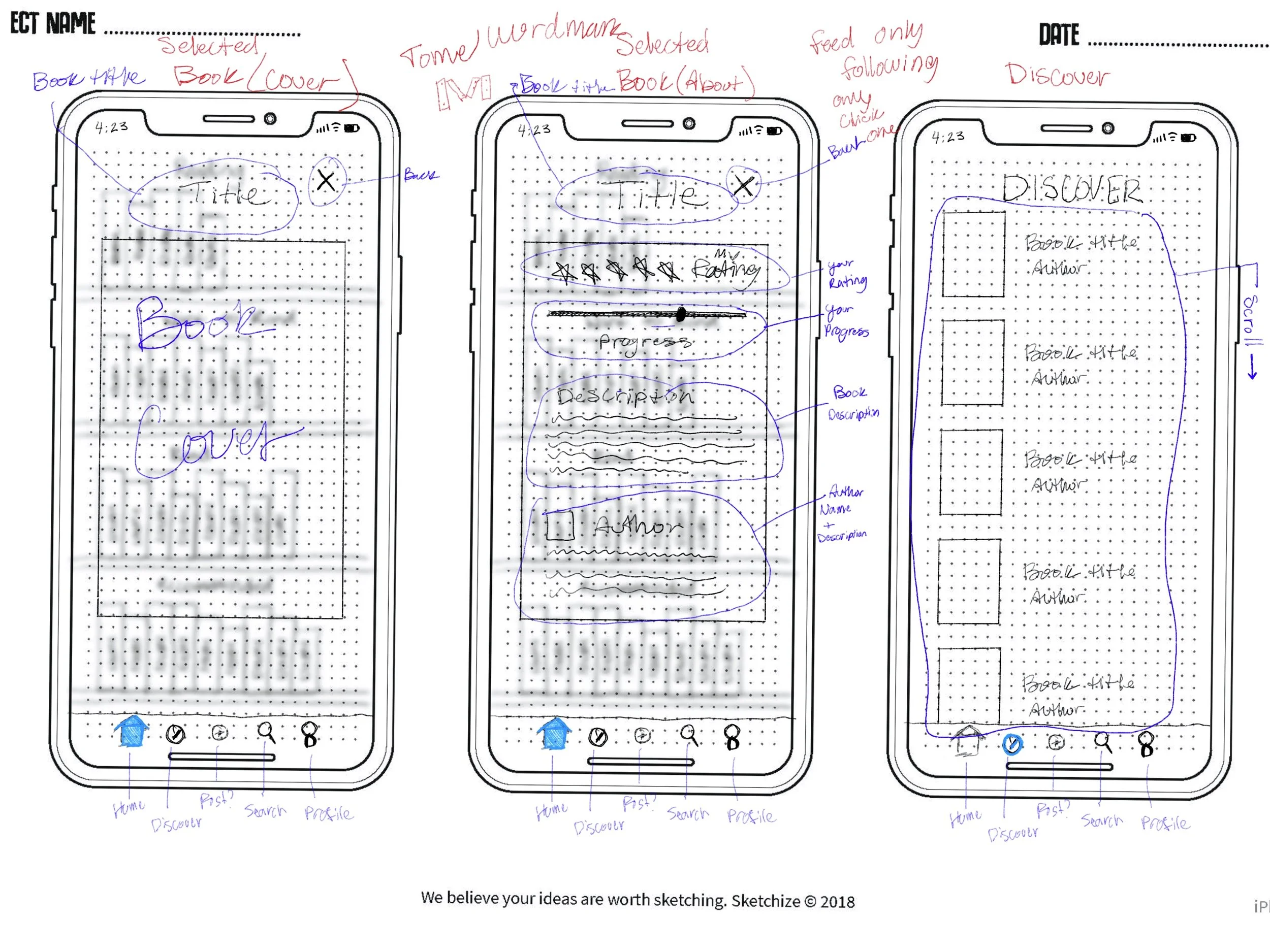 Low fidelity sketches of different screens for the app.