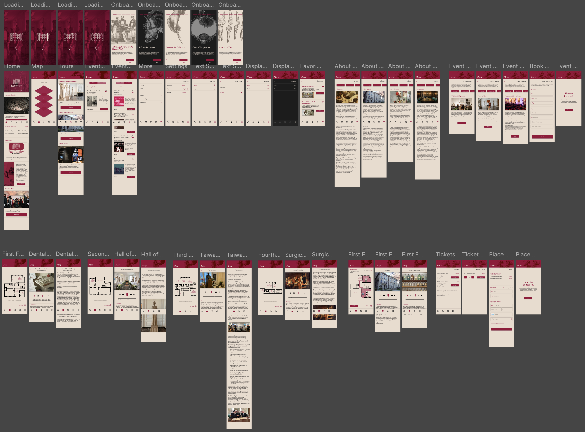 All screens for the app. From onboarding to event hosting.