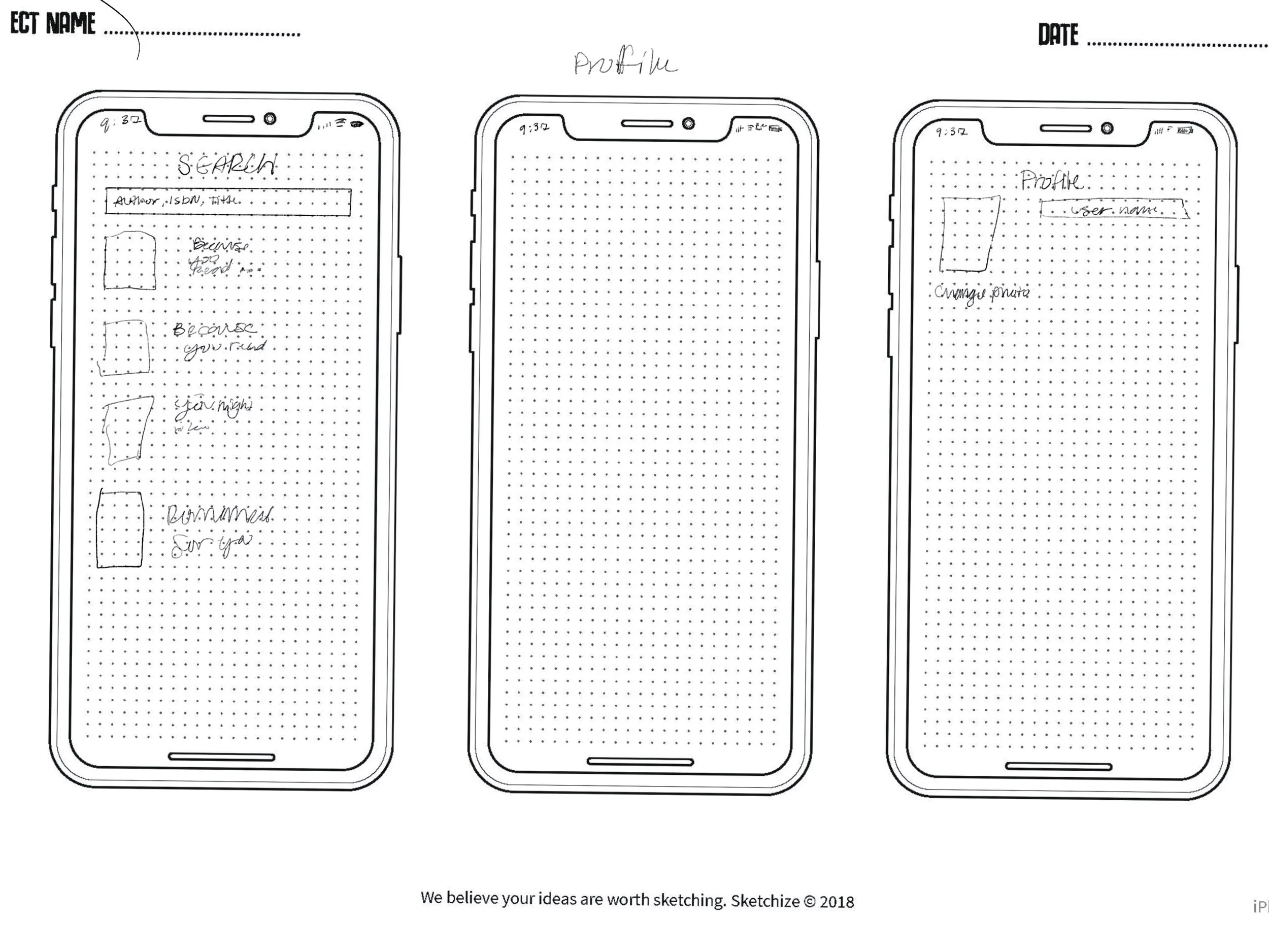 Low fidelity sketches of different screens for the app.