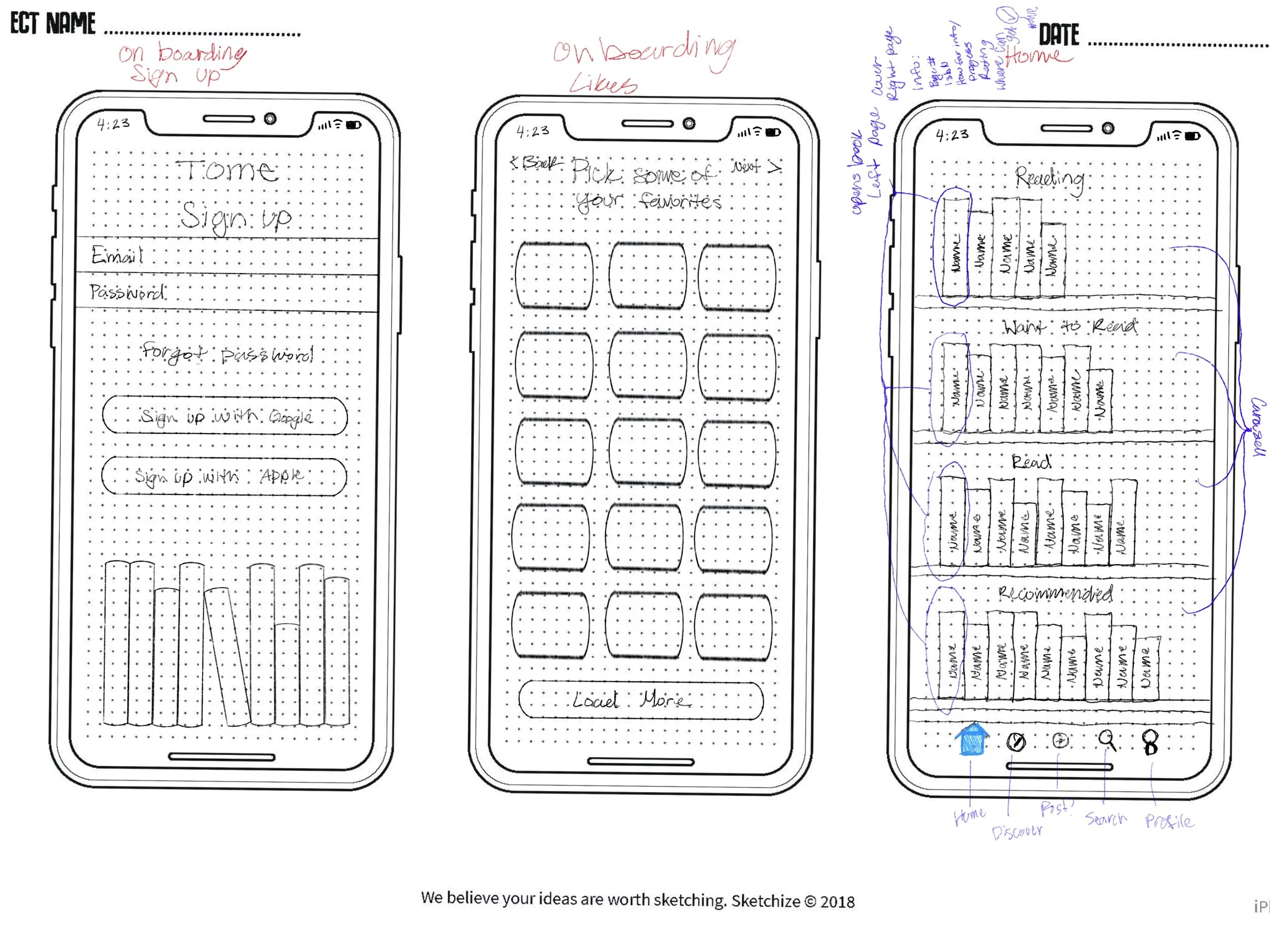 Low fidelity sketches of different screens for the app.