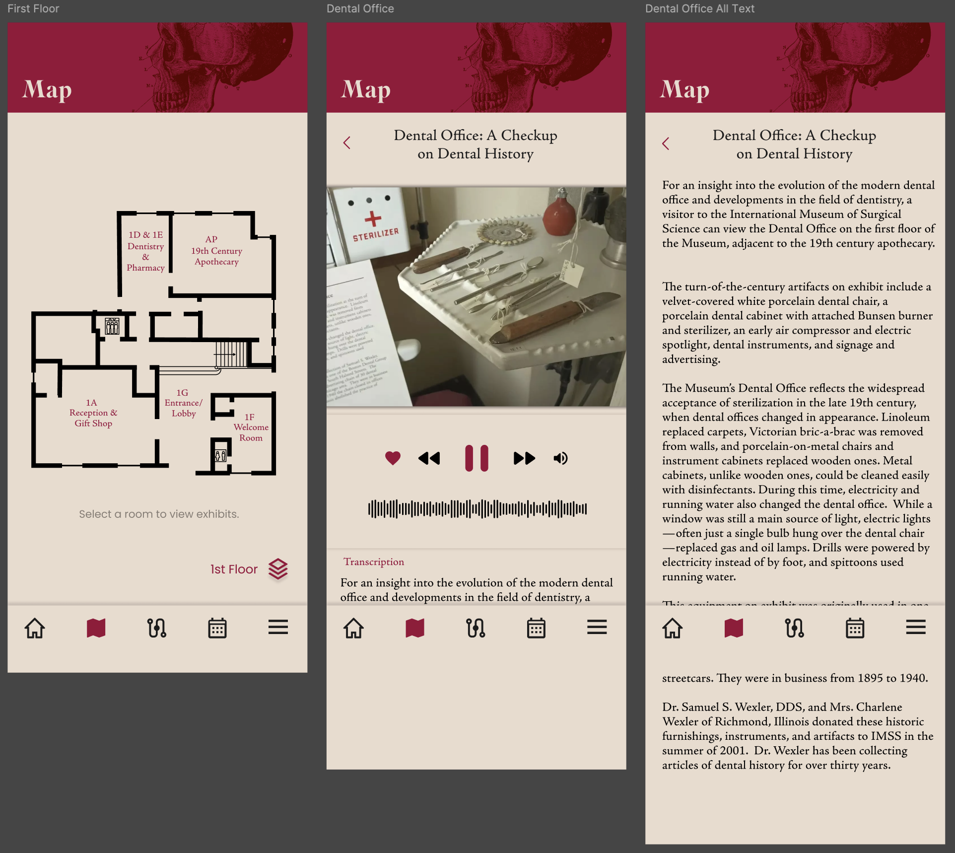 Map graphic in use on the first floor map screen. With screens from specific room of the first floor. Text used pulled from the IMSS website.