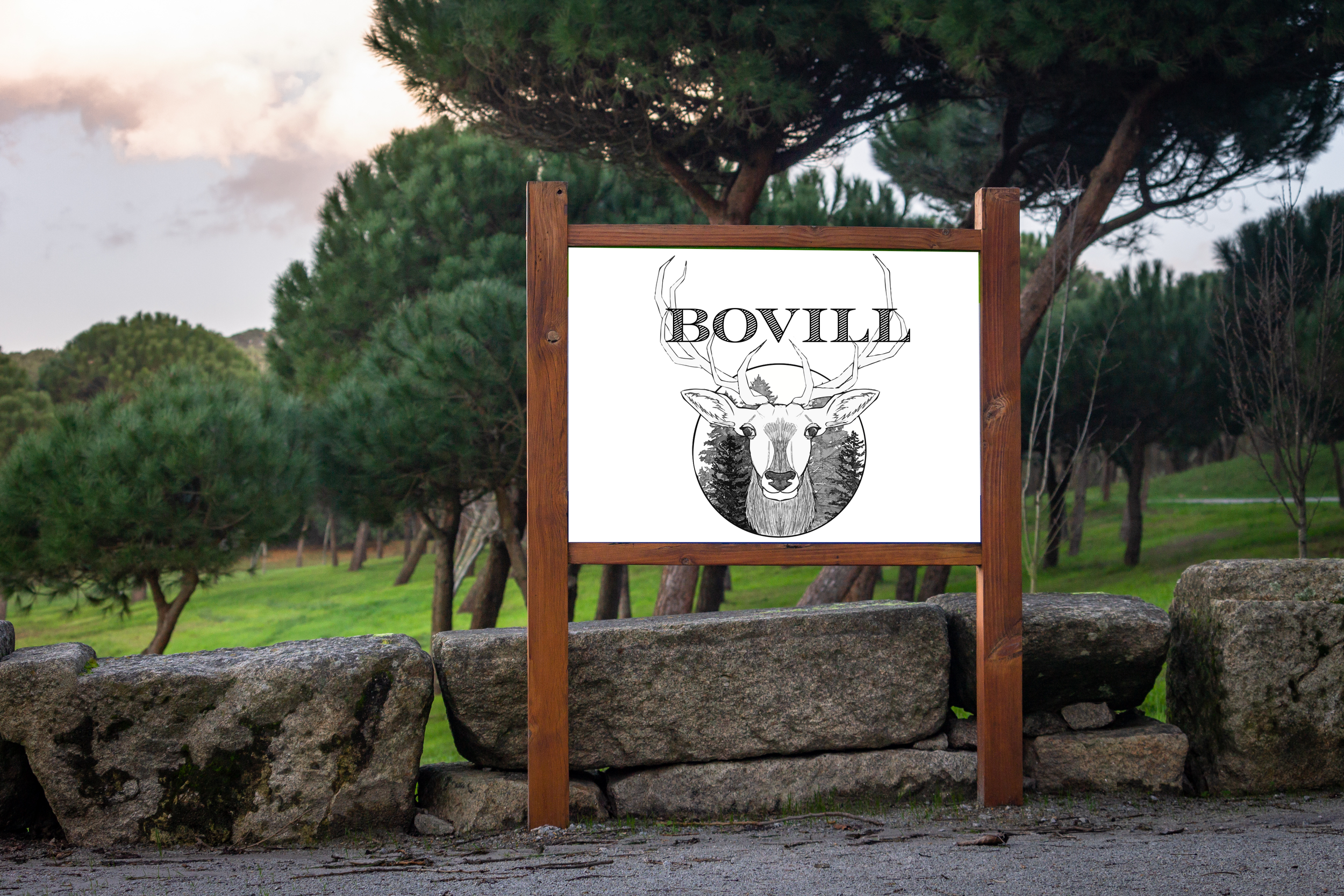 Bovill town sign mockup. The town sign has a specific logo used with the town name situated around the antlers.