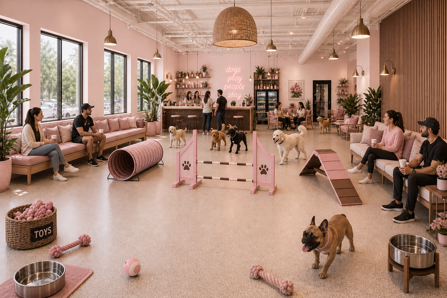 Pink-themed dog cafe with people and dogs, dog agility equipment, and pink decor including a neon sign that says 'dogs play people stay'.