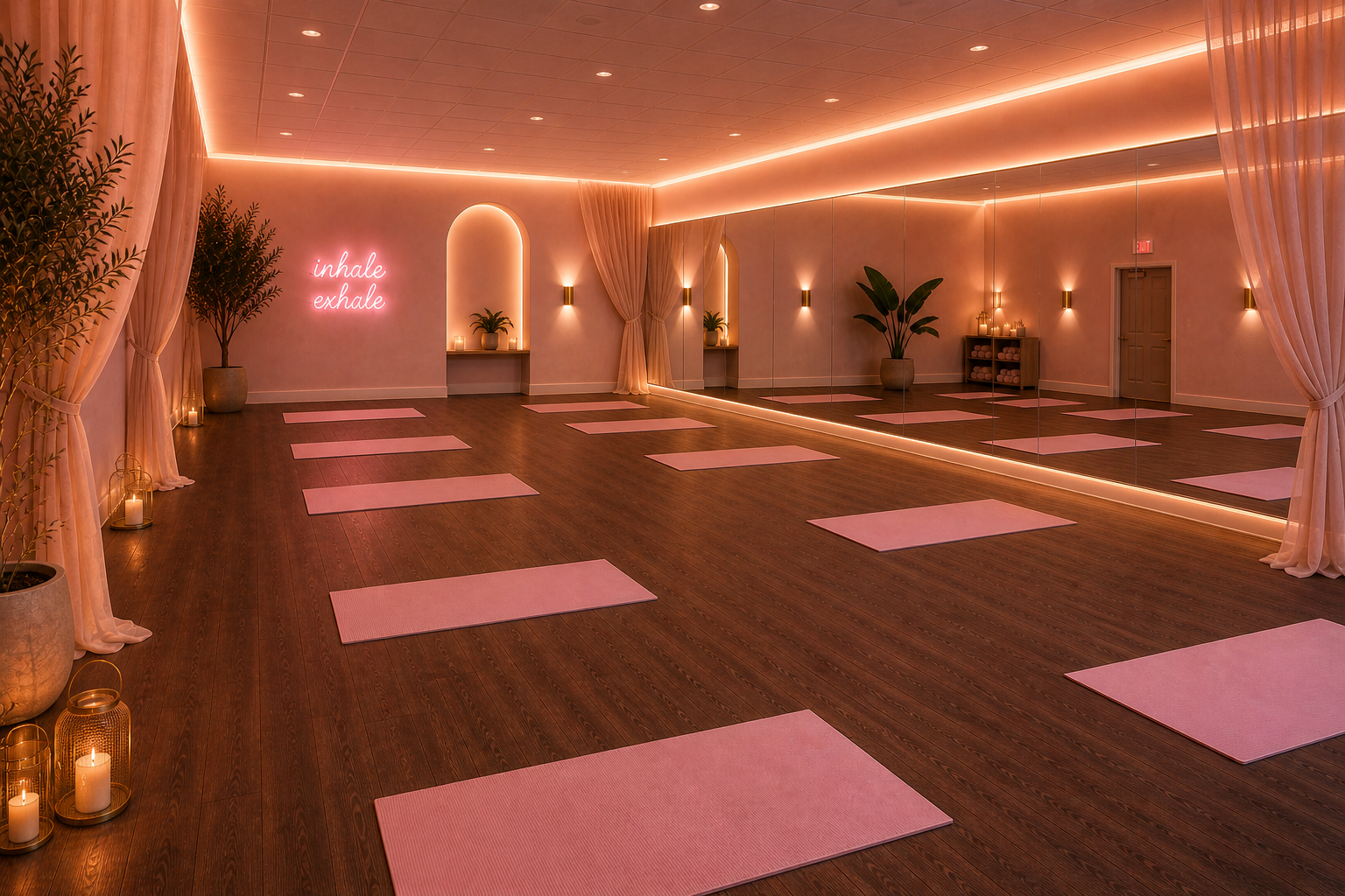 A spacious yoga studio with pink mats on a wooden floor, mirrored wall, potted plants, and soft lighting with candles and a neon sign that says 'inhale exhale'.