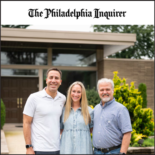 Architect Jay Reinert of J Reinert Architecture with homeowners, featured in The Philadelphia Inquirer for mid-century modern home design in Cherry Hill, NJ.