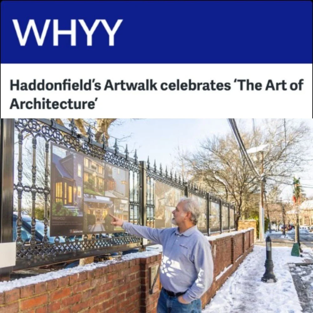 Architect Jay Reinert of J Reinert Architecture pointing to his work at Haddonfield ArtWalk exhibit, featured in WHYY article on contemporary architecture in a historic setting, Haddonfield, NJ.