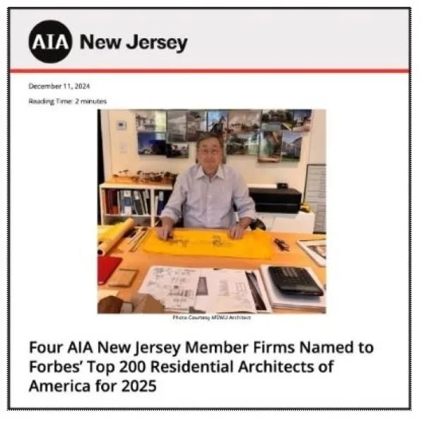 AIA New Jersey announcement naming Jay Reinert of J Reinert Architecture to Forbes Top 200 Residential Architects of America 2025.