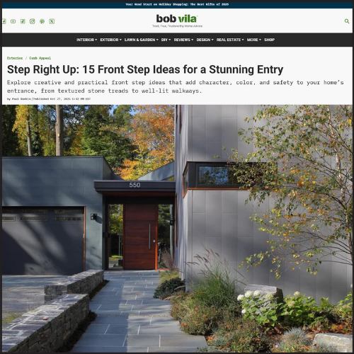 Contemporary front entry and stone walkway at Hadro House in Haddonfield, NJ by architect Jay Reinert of J Reinert Architecture, featured on Bob Vila.