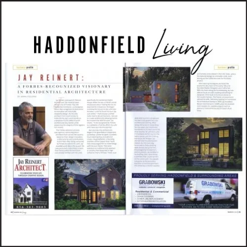 Jay Reinert of J Reinert Architecture featured in Haddonfield Living magazine as a Forbes-recognized residential architect, showcasing custom home design in Haddonfield, NJ.