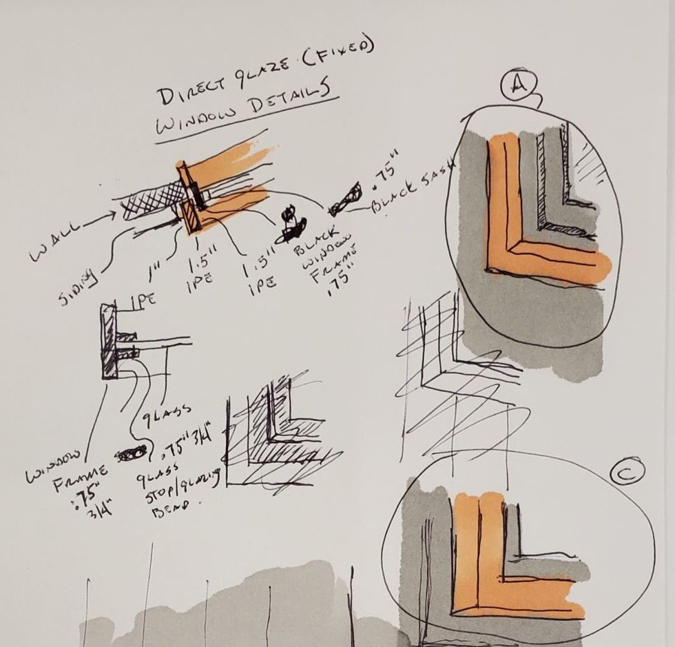 Dimensioned hand sketches titled Direct Glaze Fixed Window Details for Hadro House — wall section showing siding, layered 1-inch and 1.5-inch ipe trim, a three-quarter-inch black window frame and glazing bead, with corner conditions circled A and C.