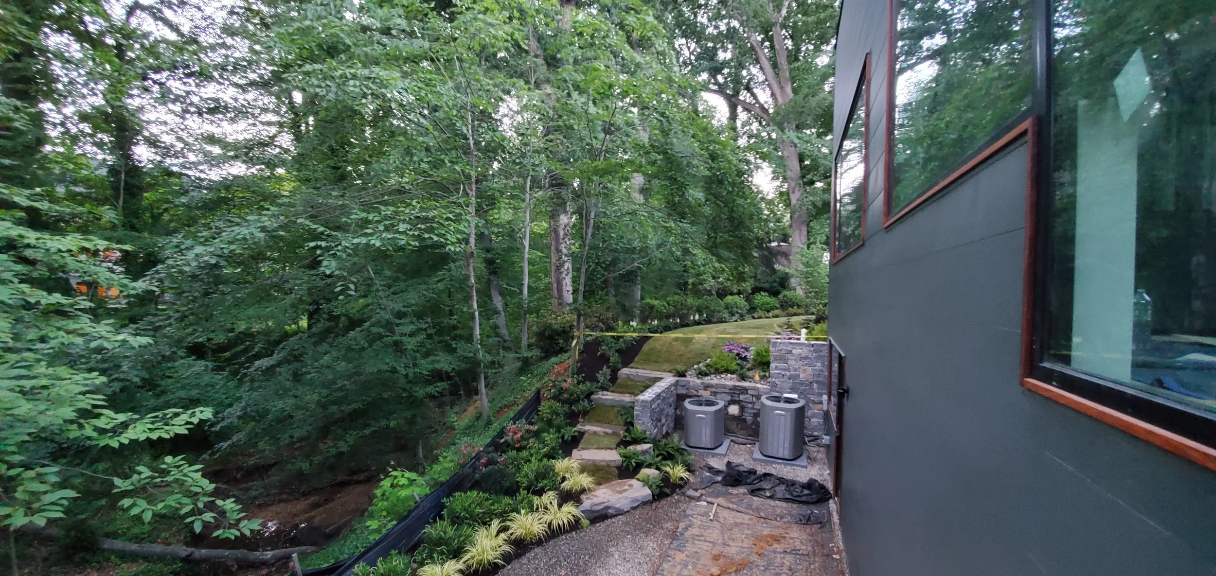 Native landscape installation at Hadro House Haddonfield NJ, June 2021 — dry-laid stone walls and steps descending the protected slope toward the stream, with new plantings stabilizing the bank