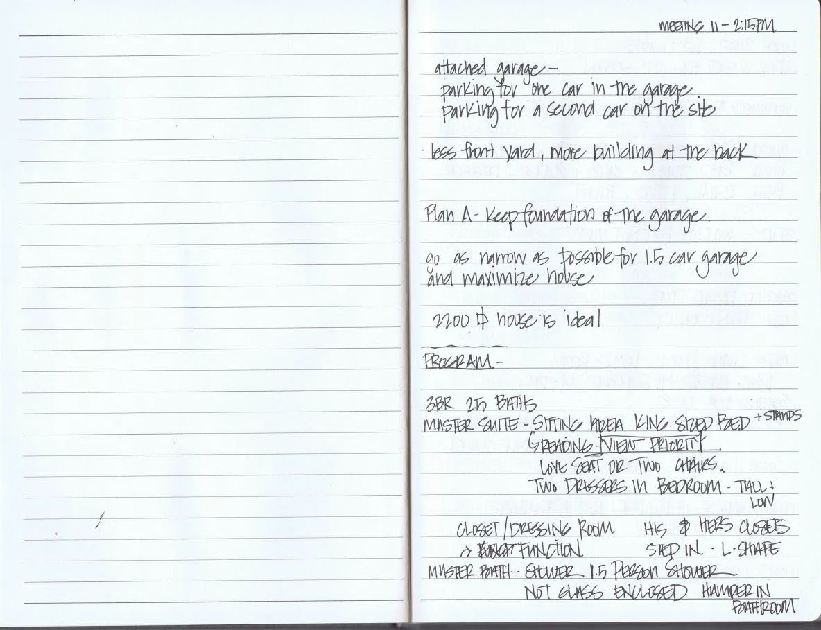 Handwritten design meeting notes from October 2019 for Hadro House in Haddonfield NJ — program requirements, garage strategy, and master suite priorities recorded in the architect's notebook