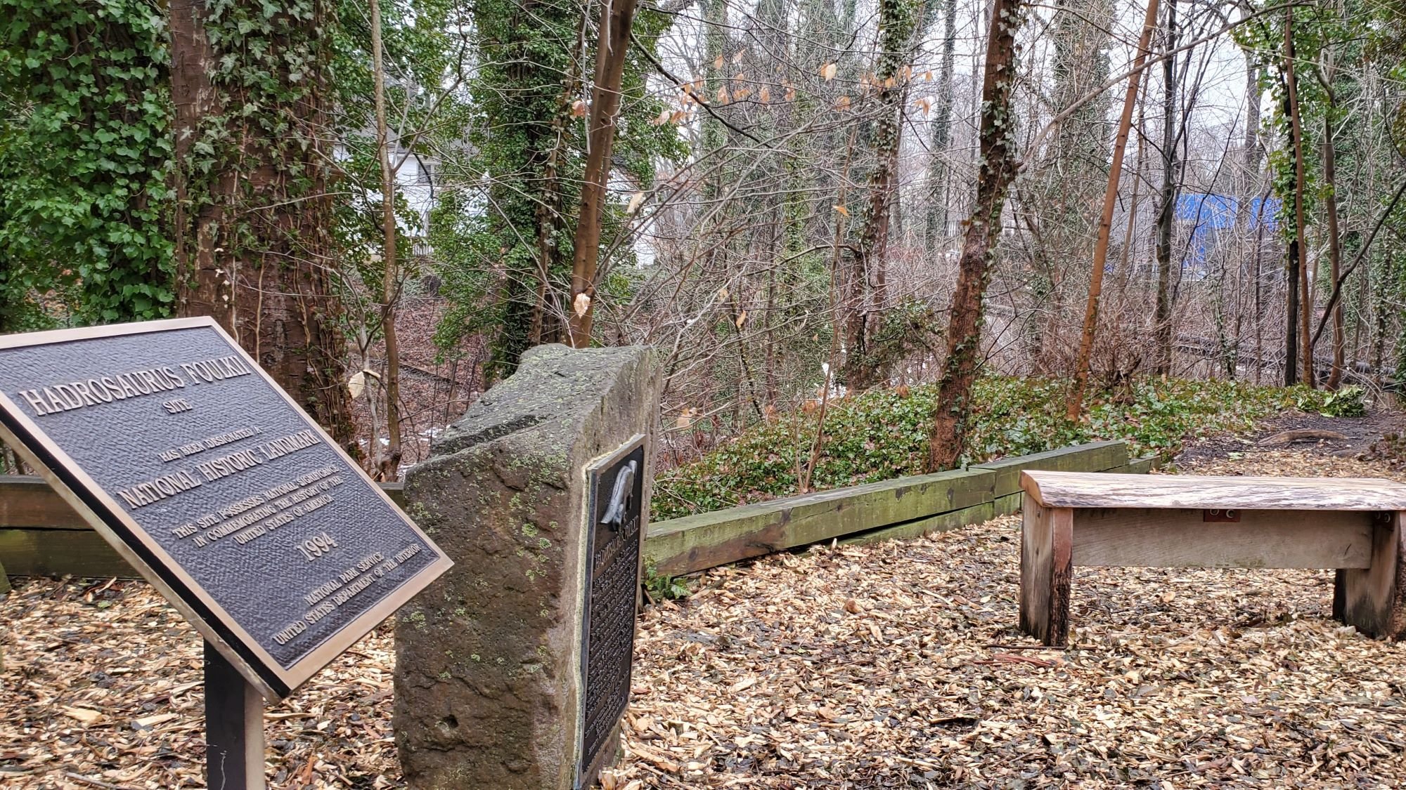 Hadrosaurus foulkii Leidy Site National Historic Landmark marker in Haddonfield NJ, steps from Hadro House — site of the 1858 discovery of the most complete dinosaur skeleton then known