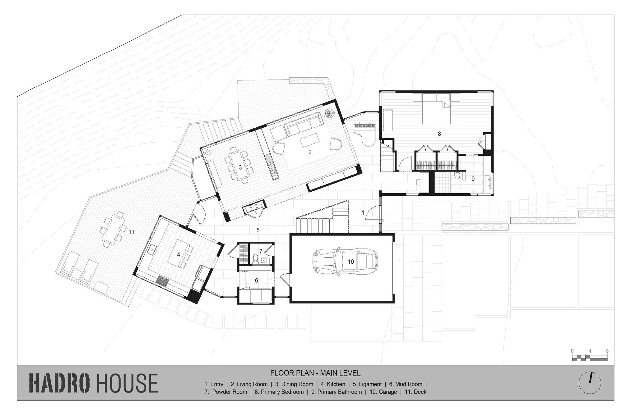 Main level floor plan of Hadro House — entry, rotated living and dining volume, kitchen, primary suite, mud room, garage, and angular deck, connected by a circulation space labeled Ligament in the room key.