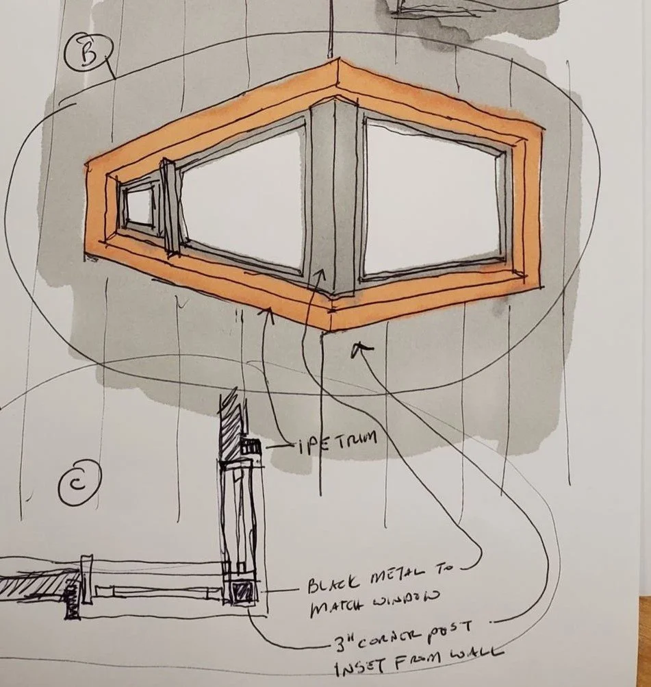 Hand-drawn elevation study of a Hadro House corner window in ink and orange marker — ipe trim wrapping the tapered opening, with notes reading black metal to match window and 3-inch corner post inset from wall.