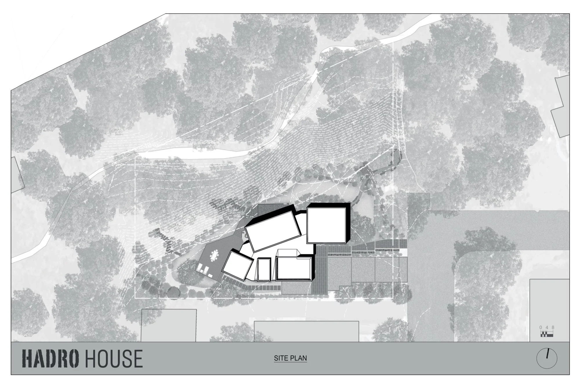 Architectural site plan of Hadro House in Haddonfield NJ — five rotated flat-roofed volumes set into the wooded slope above Birdwood Branch, with contour lines, west-facing deck, and driveway access from the street.