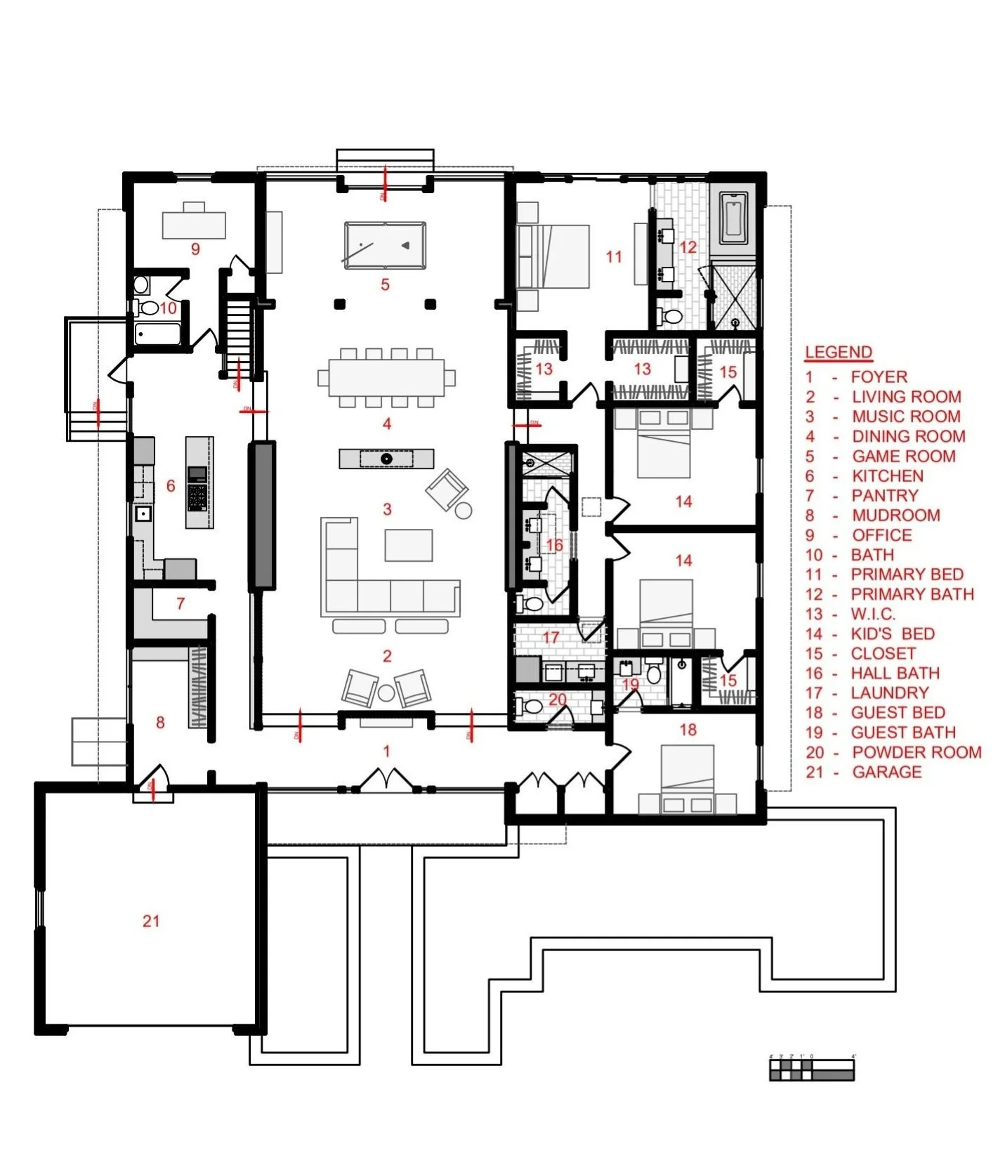 Renovated mid-century modern home Cherry Hill NJ revised floor plan — dining room relocated to central atrium three zone reorganization guest suite separation pantry mudroom primary suite redesign 21 rooms after renovation J Reinert Architecture