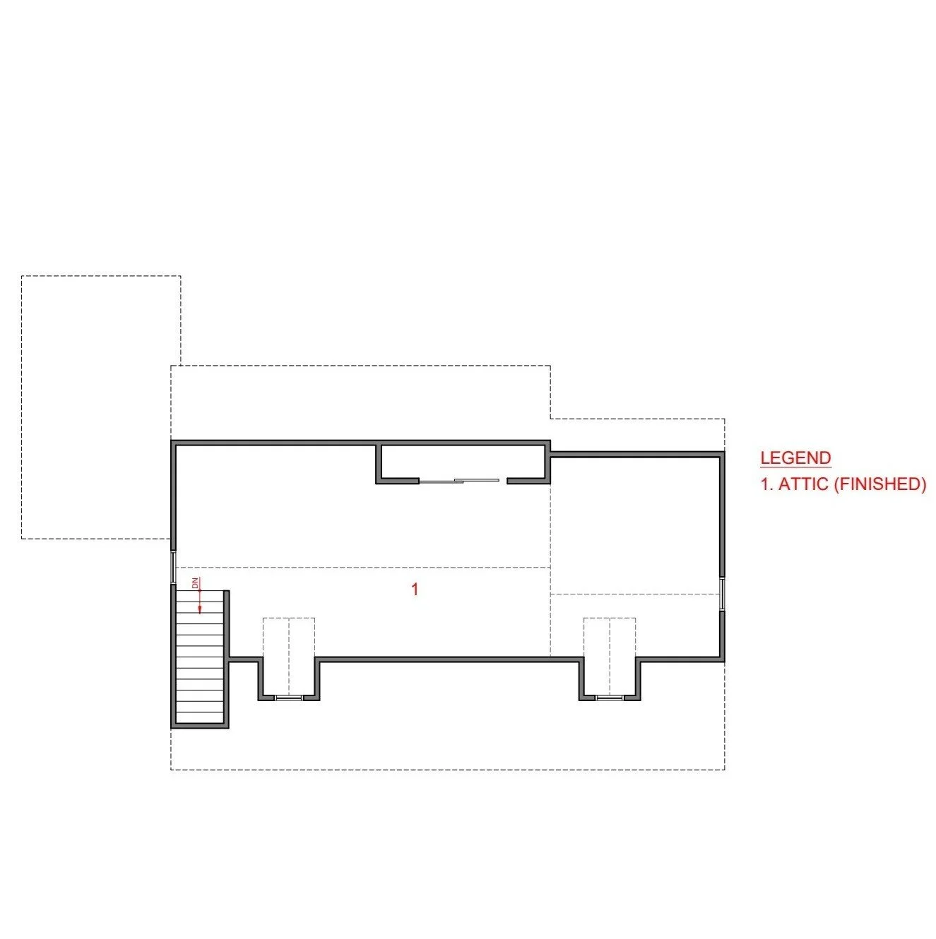 Before renovation second floor plan of cape cod home in Haddon Heights NJ showing unfinished attic storage only, prior to J Reinert Architecture contemporary craftsman renovation
