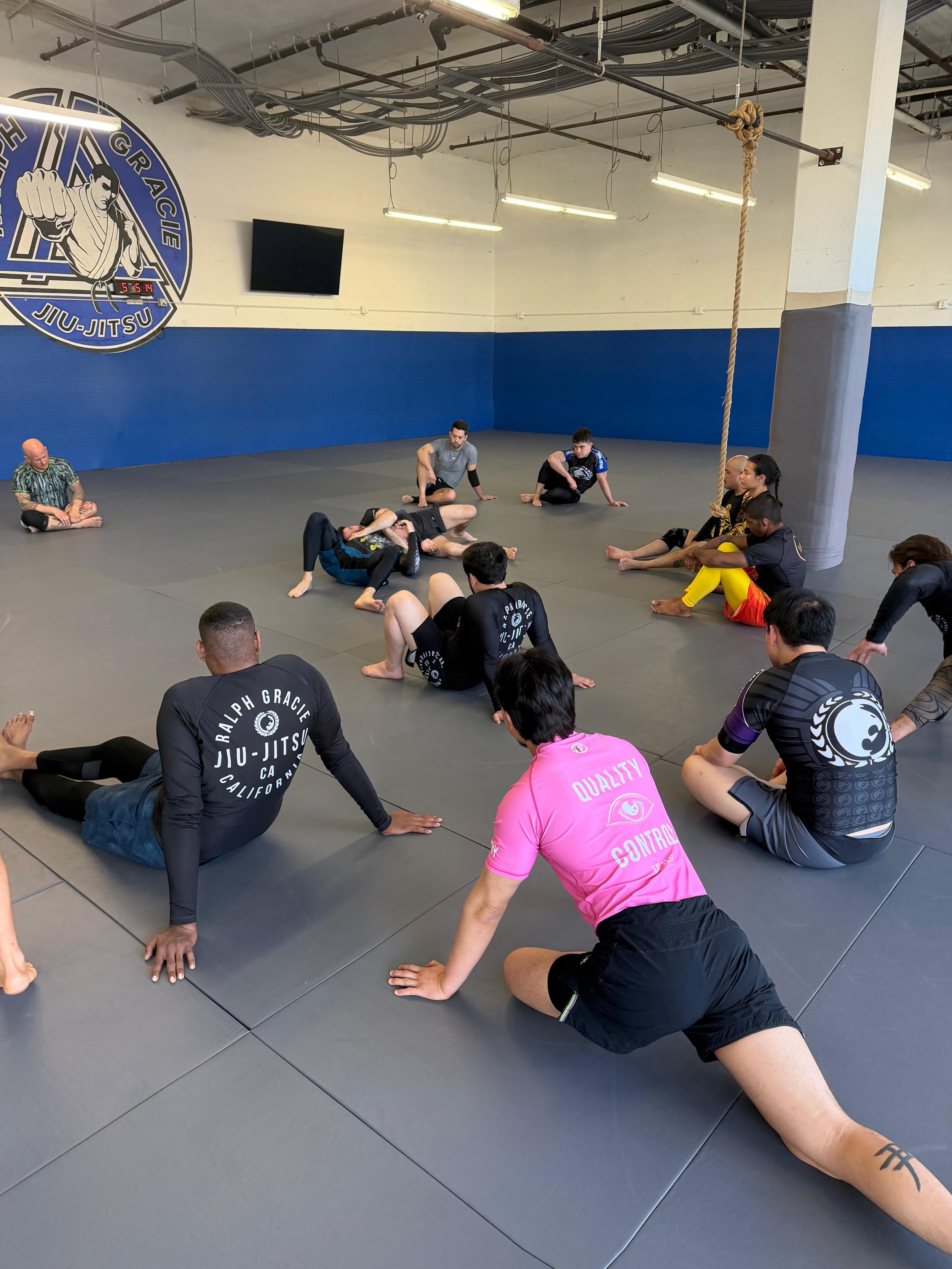 Martial arts class with students practicing grappling techniques on mats, instructor guiding, gym with logo and training equipment.