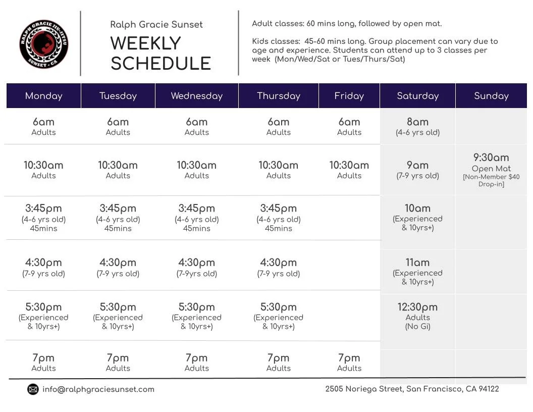 Weekly schedule at Ralph Gracie Sunset for adults and kids with class times from Monday to Sunday, including open mat sessions.