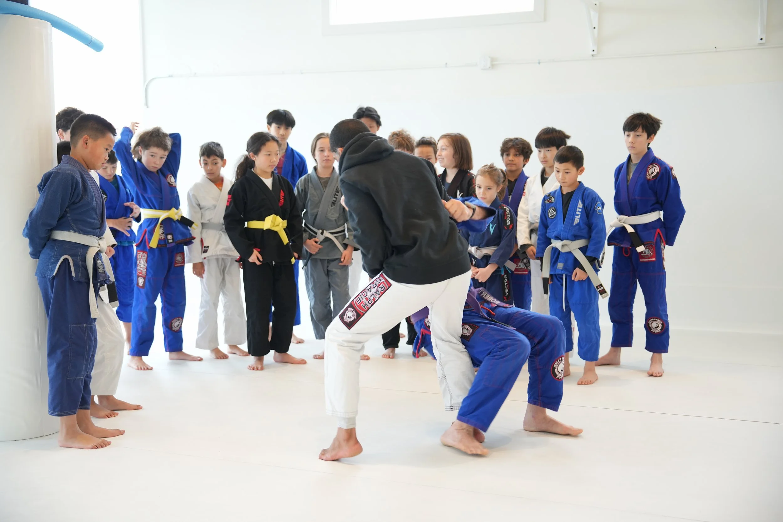Martial arts class with children wearing gi uniforms, observing instructor performing a technique, in a bright training room.
