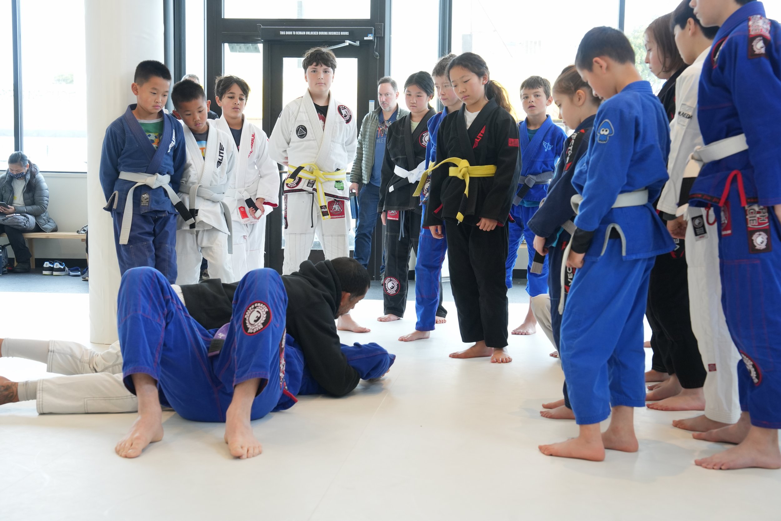 A group of children practicing Brazilian Jiu-Jitsu in a dojo, with some standing in a line observing while one child is on the ground demonstrating a technique.