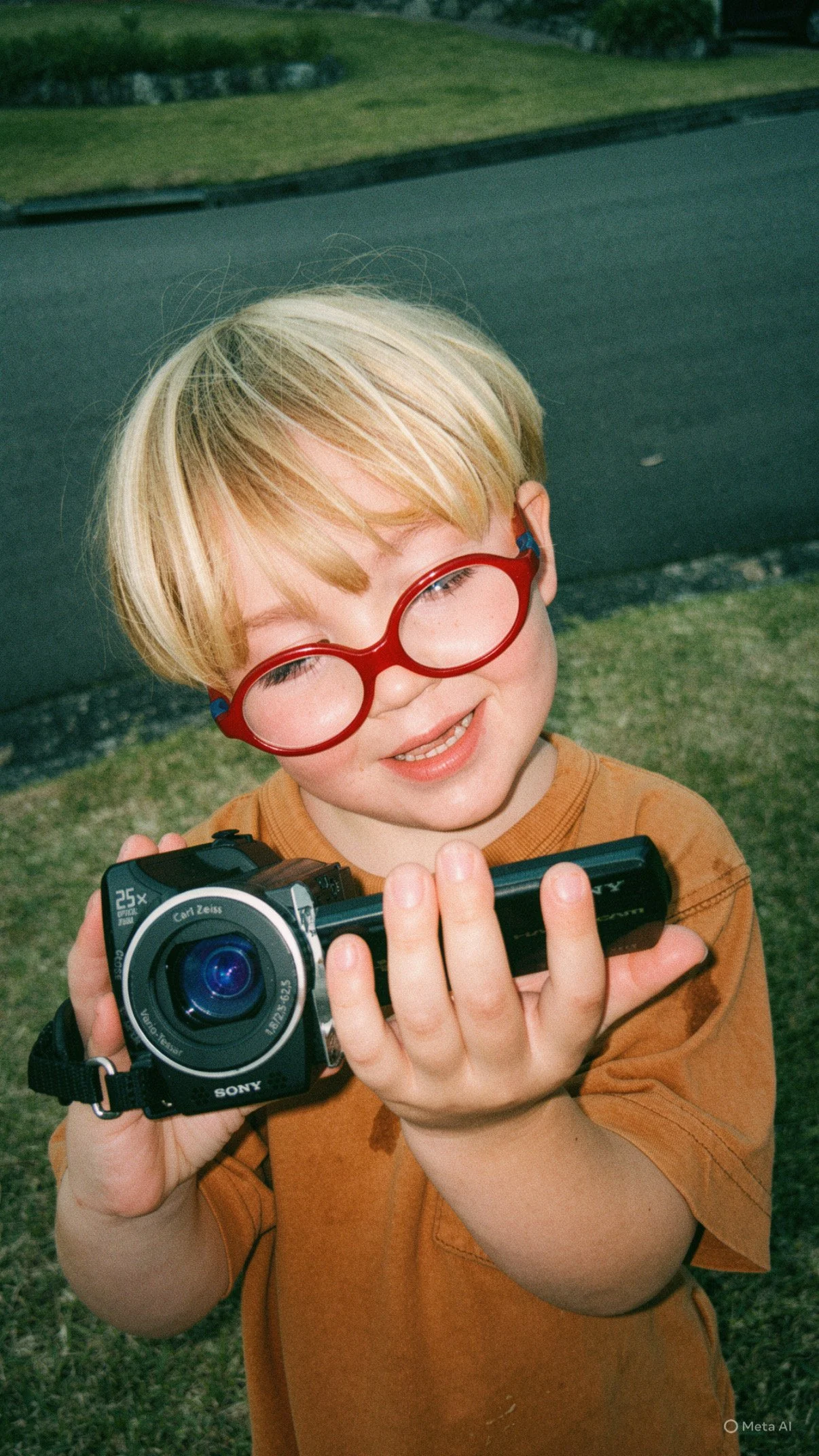 A young boy with blonde hair and red glasses holding a small digital camera, looking at it with a smile outdoors on a grassy area with a street and sidewalk in the background.