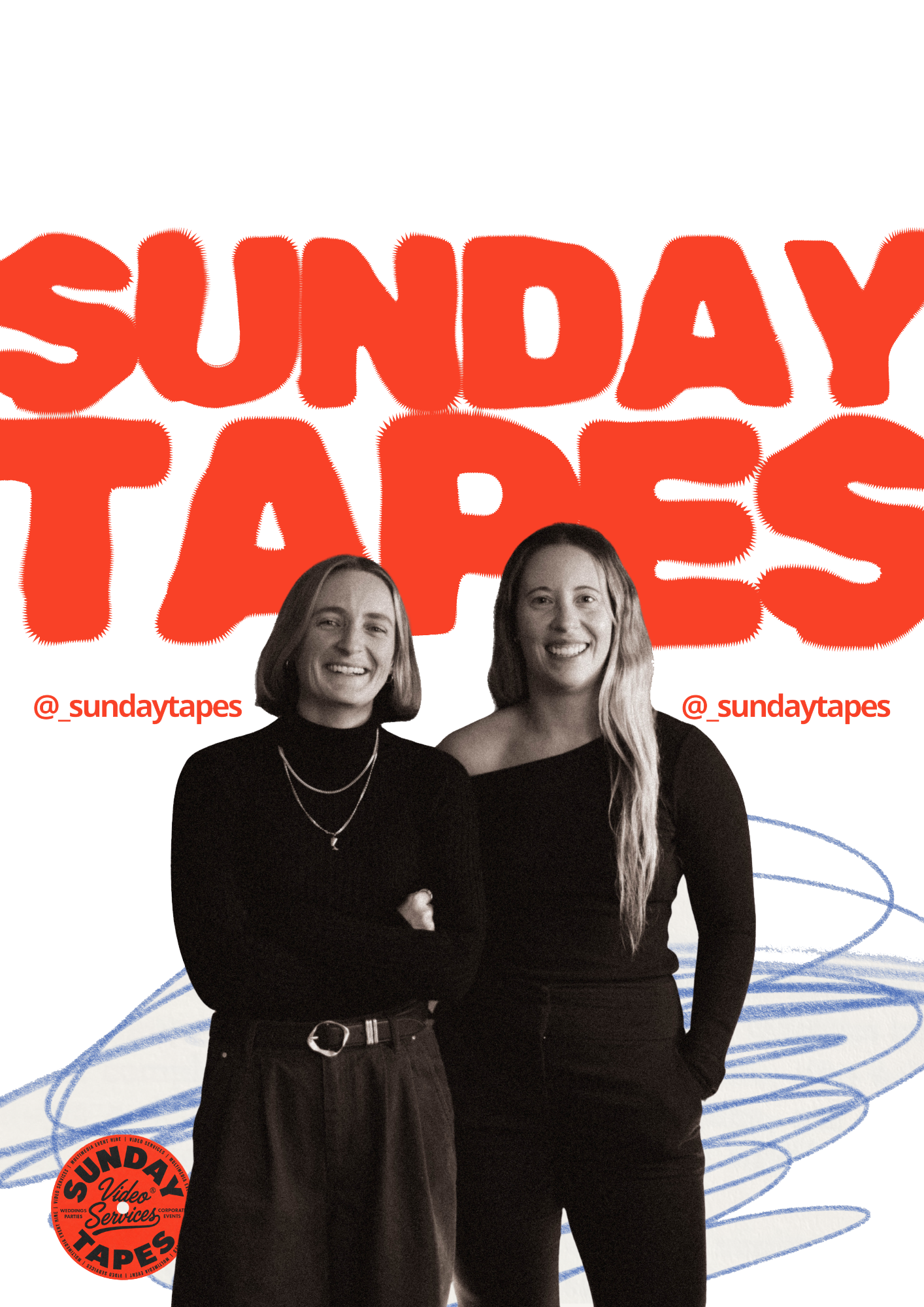 Two women standing in front of a graphic background with large red text reading 'SUNDAY TAPE' and social media handle '@_sundaytapes' repeated on the sides. The women are smiling, one with short hair wearing a black turtleneck and necklace, the other with long hair wearing a black off-shoulder top. There is a red circular sticker on the bottom left corner that says 'SUNDAY Tape Video Services'.