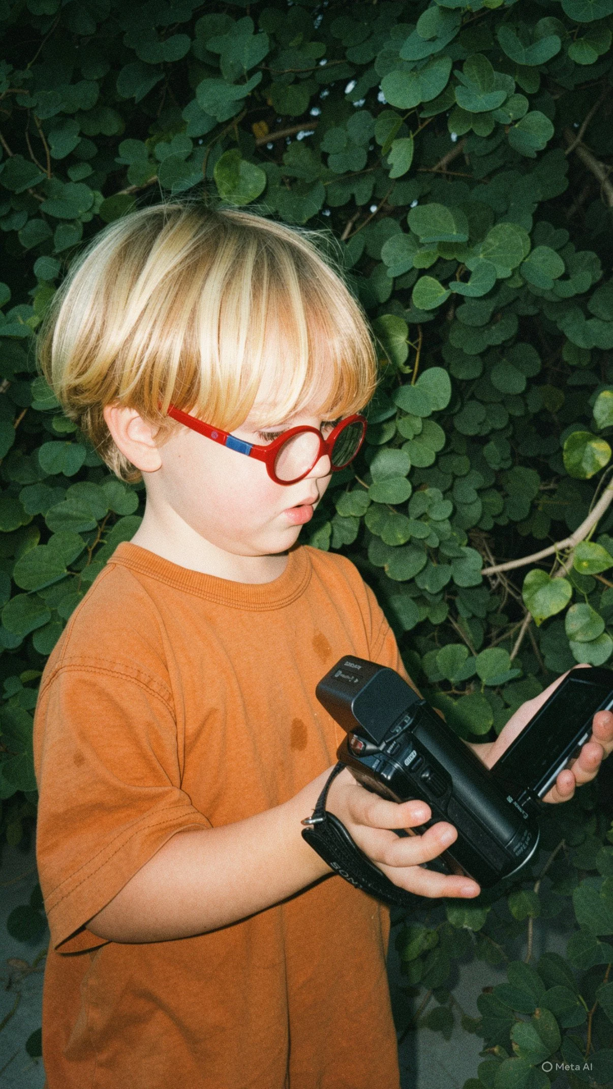 A young boy with blonde hair wearing red glasses, an orange shirt, is holding a video camera and looking at a phone in front of a leafy green background.