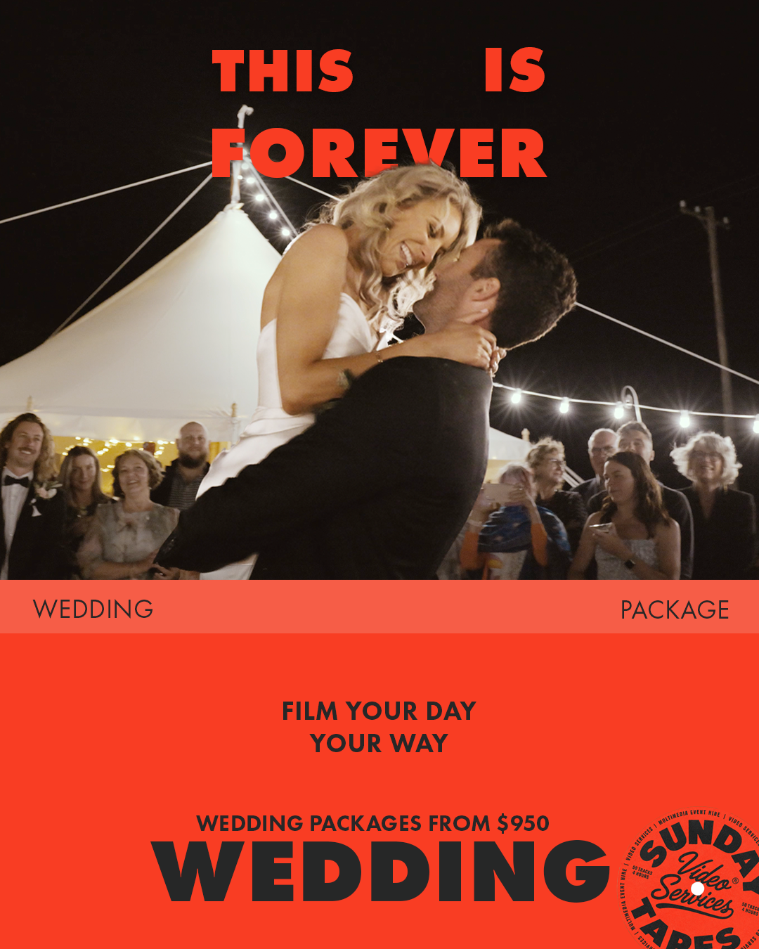 A happy bride and groom dancing at their wedding reception with guests smiling in the background, under a white tent at night, illuminated by string lights.