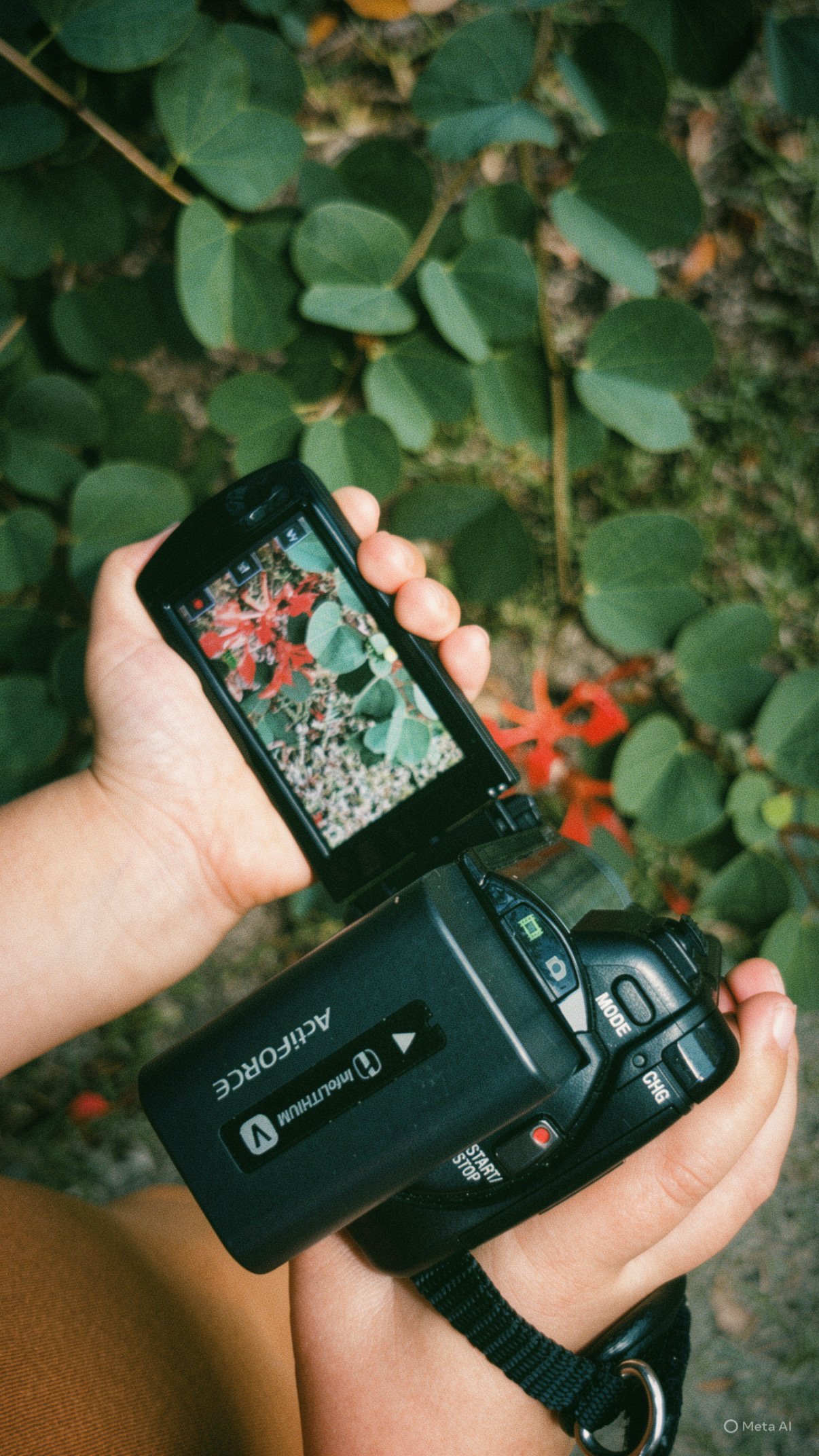 A person holding a camera takes a photo of green and red leaves and branches.