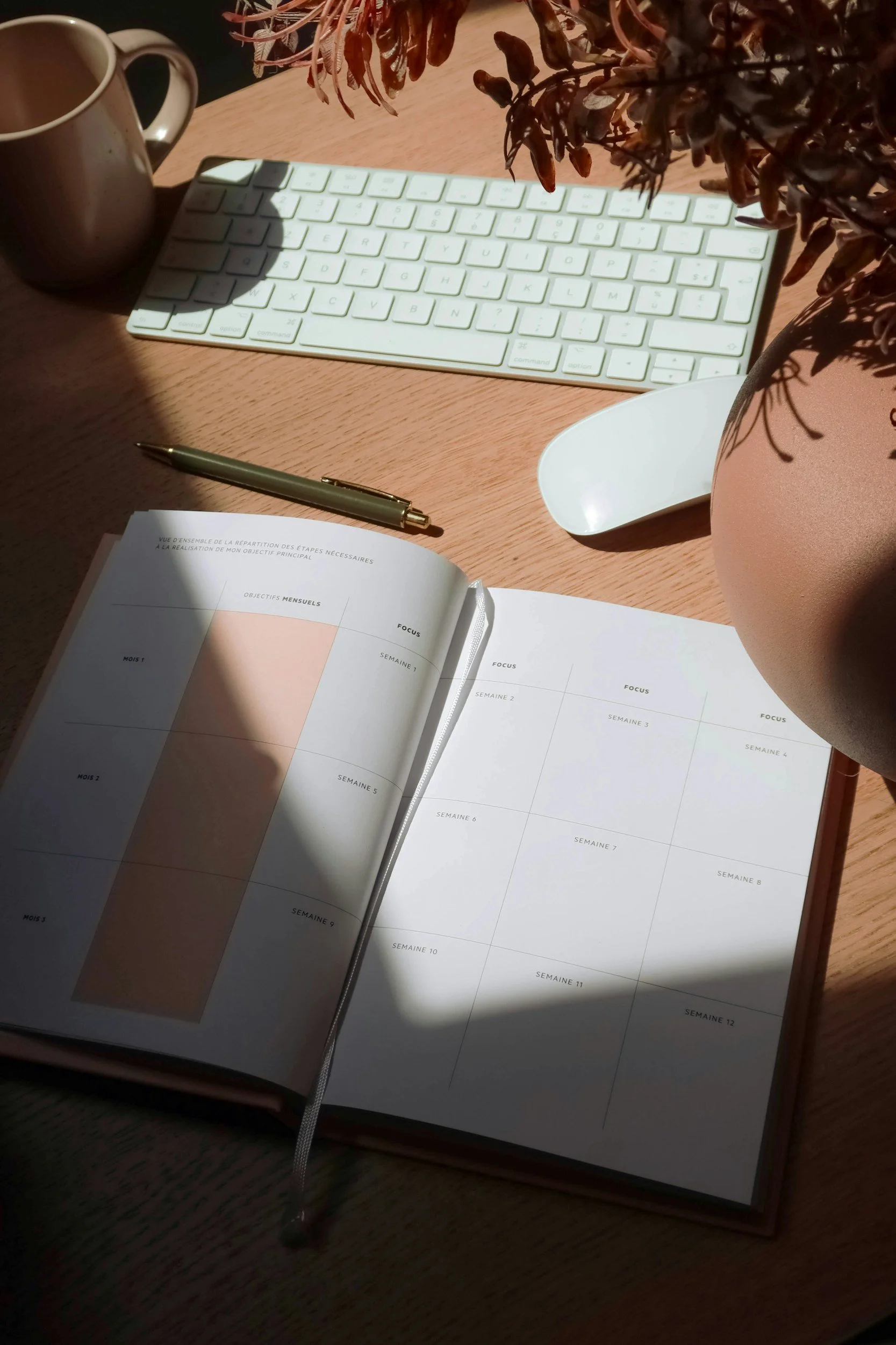 A workspace with a white computer keyboard, a gold pen resting on an open planner or weekly journal, a white mug filled with coffee, a white dish, and a potted plant with brown or dried leaves, all arranged on a wooden desk with sunlight casting shadows.