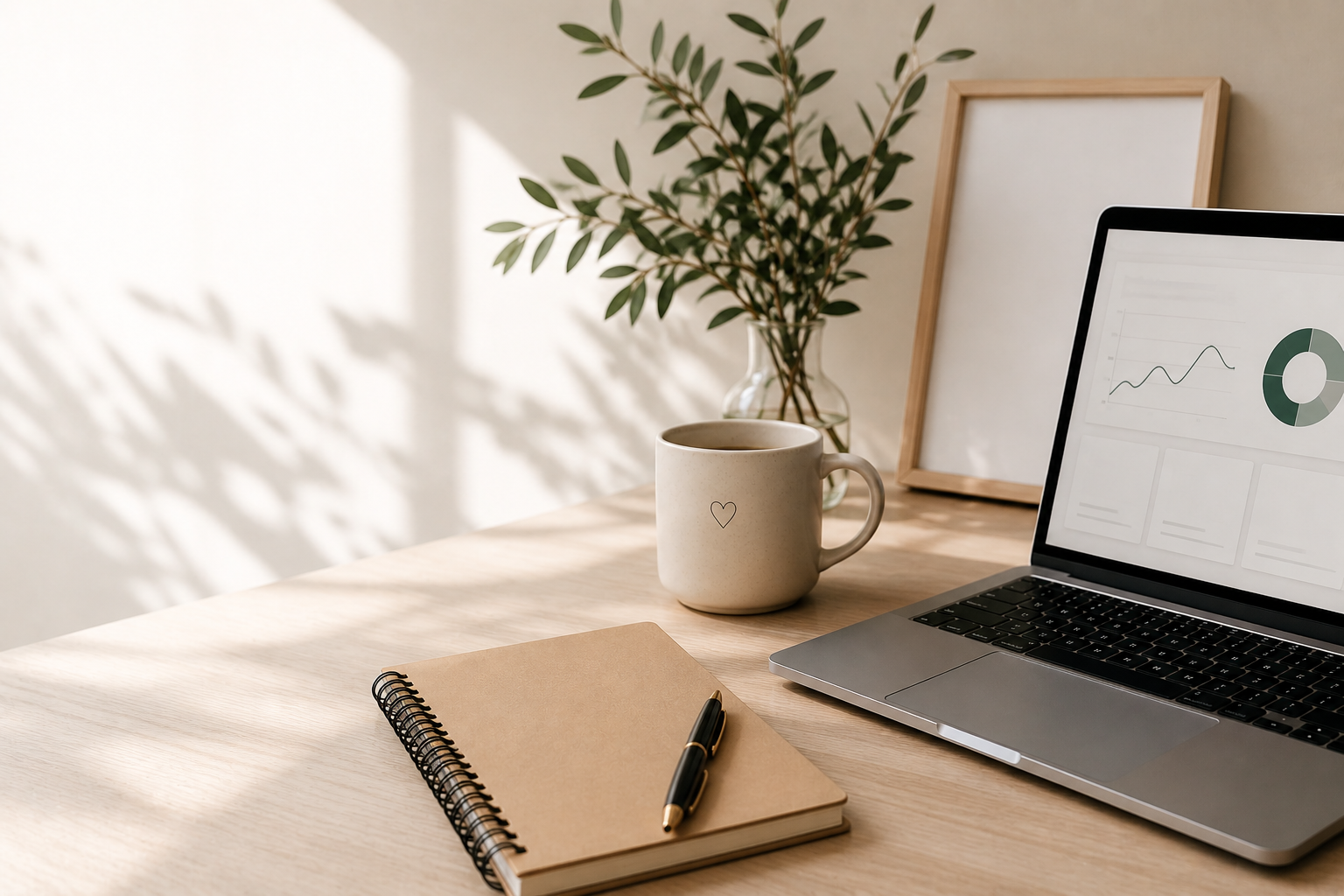 A workspace with a laptop displaying graphs, a notebook with a pen, a coffee mug, and a vase with green leafy branches on a wooden desk, with a blank picture frame in the background.