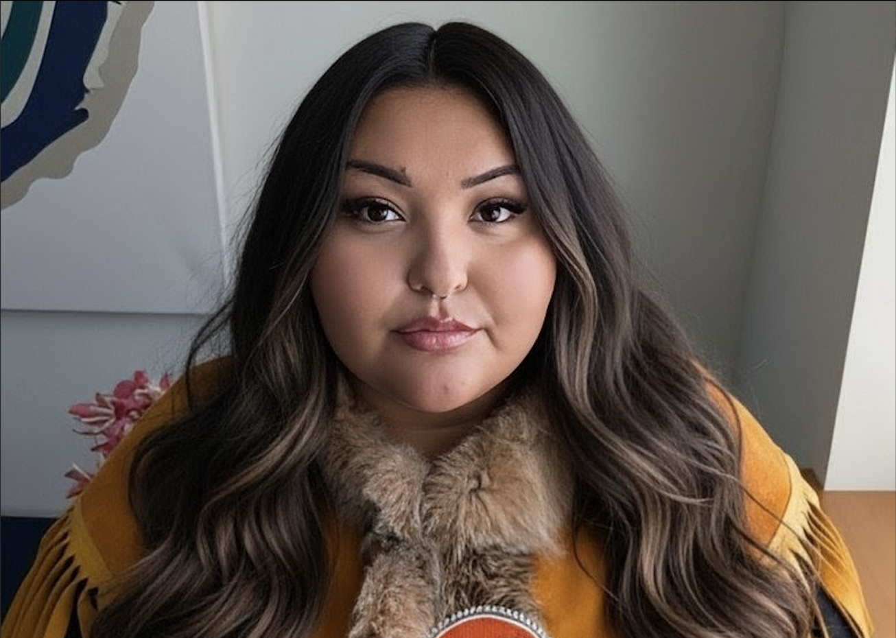 A young woman with long dark wavy hair, wearing a yellow top with fringe details and a fur collar, looking into the camera with a neutral expression.