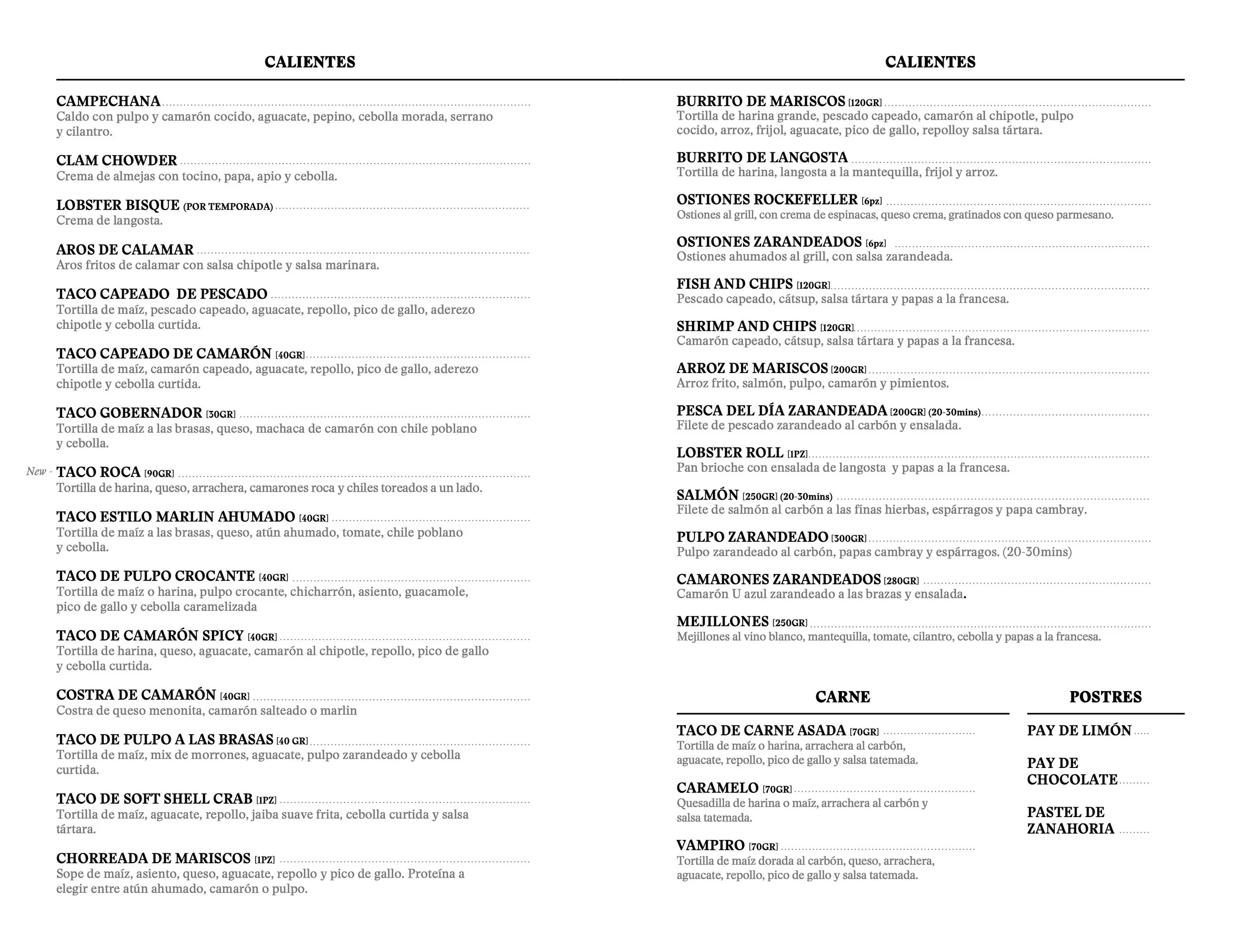 A menu listing various seafood and Mexican dishes, including items like clam chowder, lobster bisque, and fish tacos, with descriptions in Spanish.
