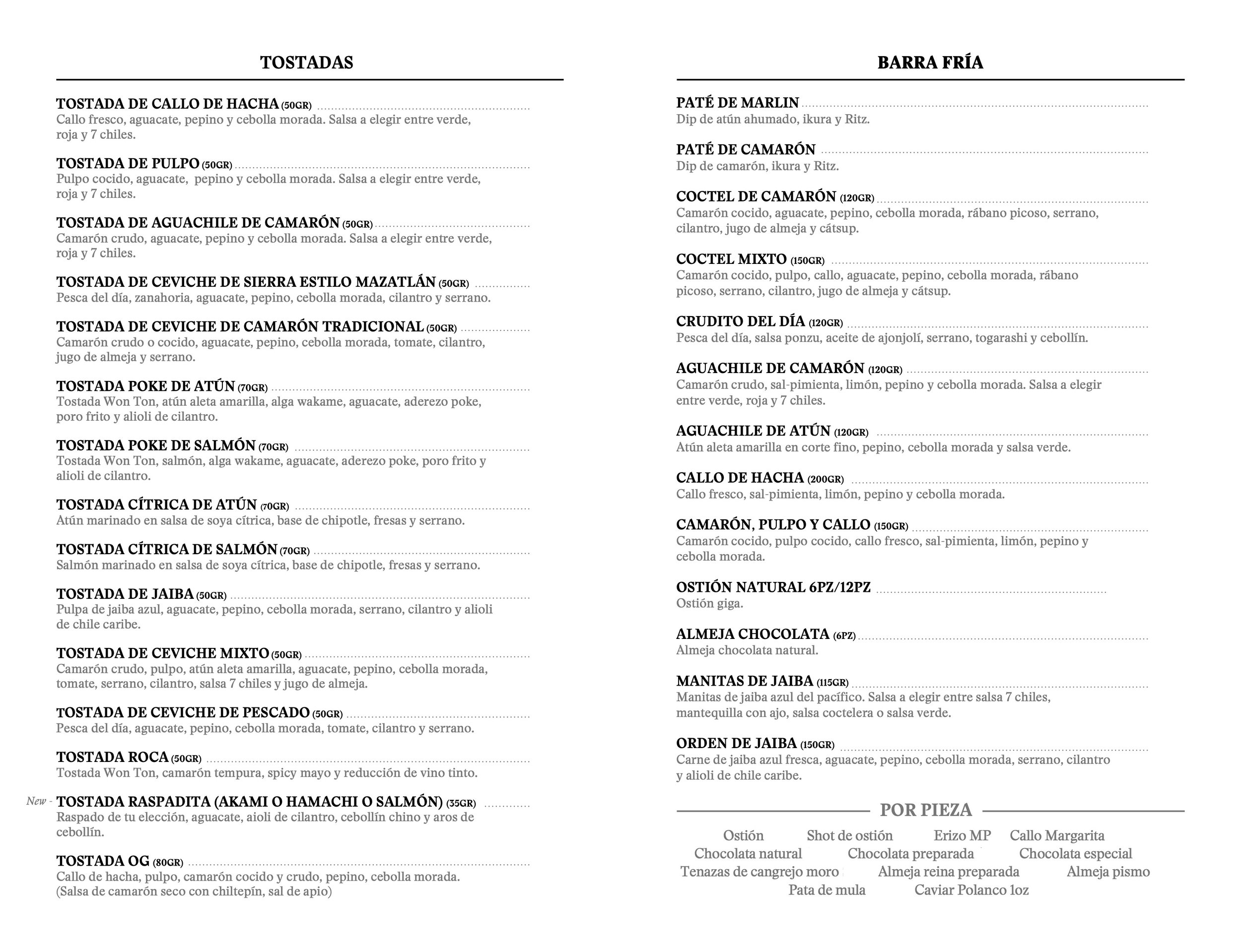 A menu listing various types of toasts and cold snacks. The toasts include several options with seafood like tuna, salmon, shrimp, and octopus, as well as other toppings like avocado, cucumber, and cilantro. The cold snacks include pâté de marlin, pâté de camarón, shrimp cocktail, tuna, mixed seafood, and other seafood-based dishes with detailed descriptions in Spanish.