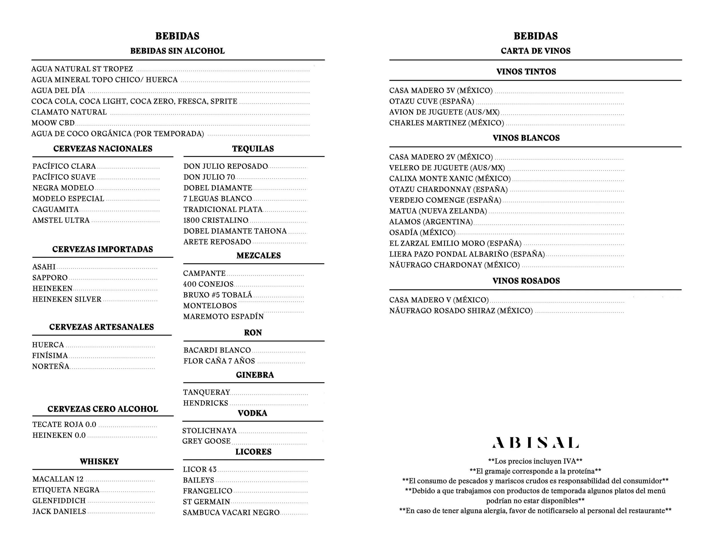 A menu of beverages including non-alcoholic drinks, wines, beers, liquors, whiskey, and other alcoholic beverages, with categories and brand names listed in Spanish.