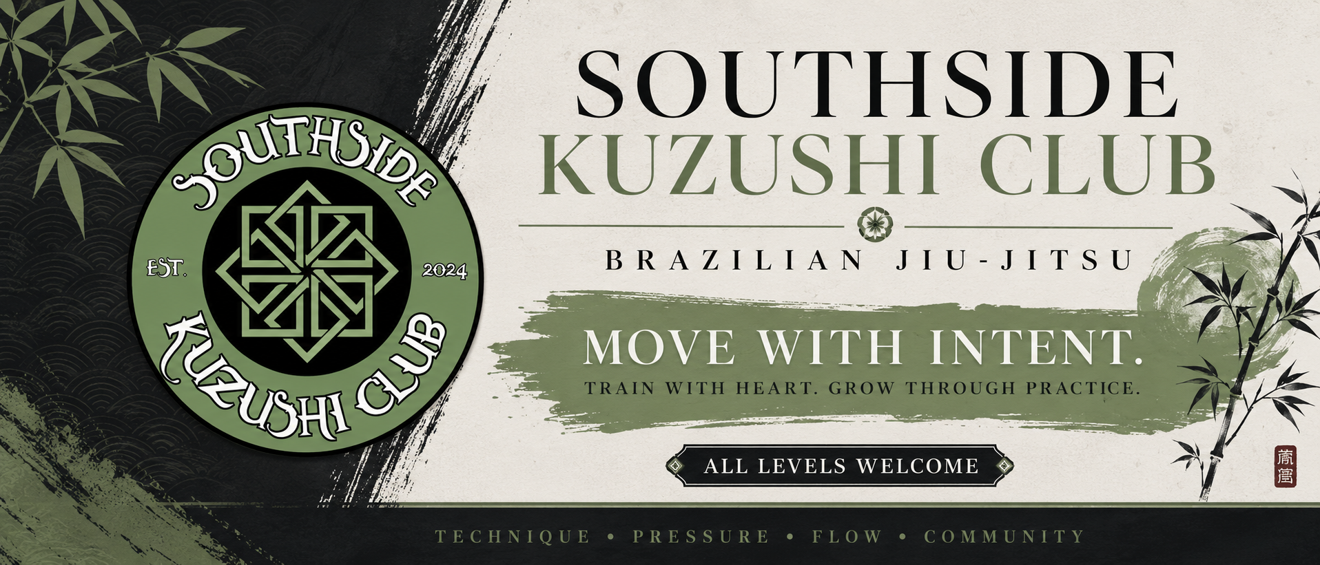 A promotional poster for the Southside Kuzushi Club, a Brazilian Jiu-Jitsu gym established in 2024. The poster features the club's black and green logo on the left, with a geometric design and the club's name. The right side contains text inviting all levels to join, encouraging movement with intent, training with heart, and growth through practice, with a background of traditional Japanese brush strokes and bamboo illustrations.