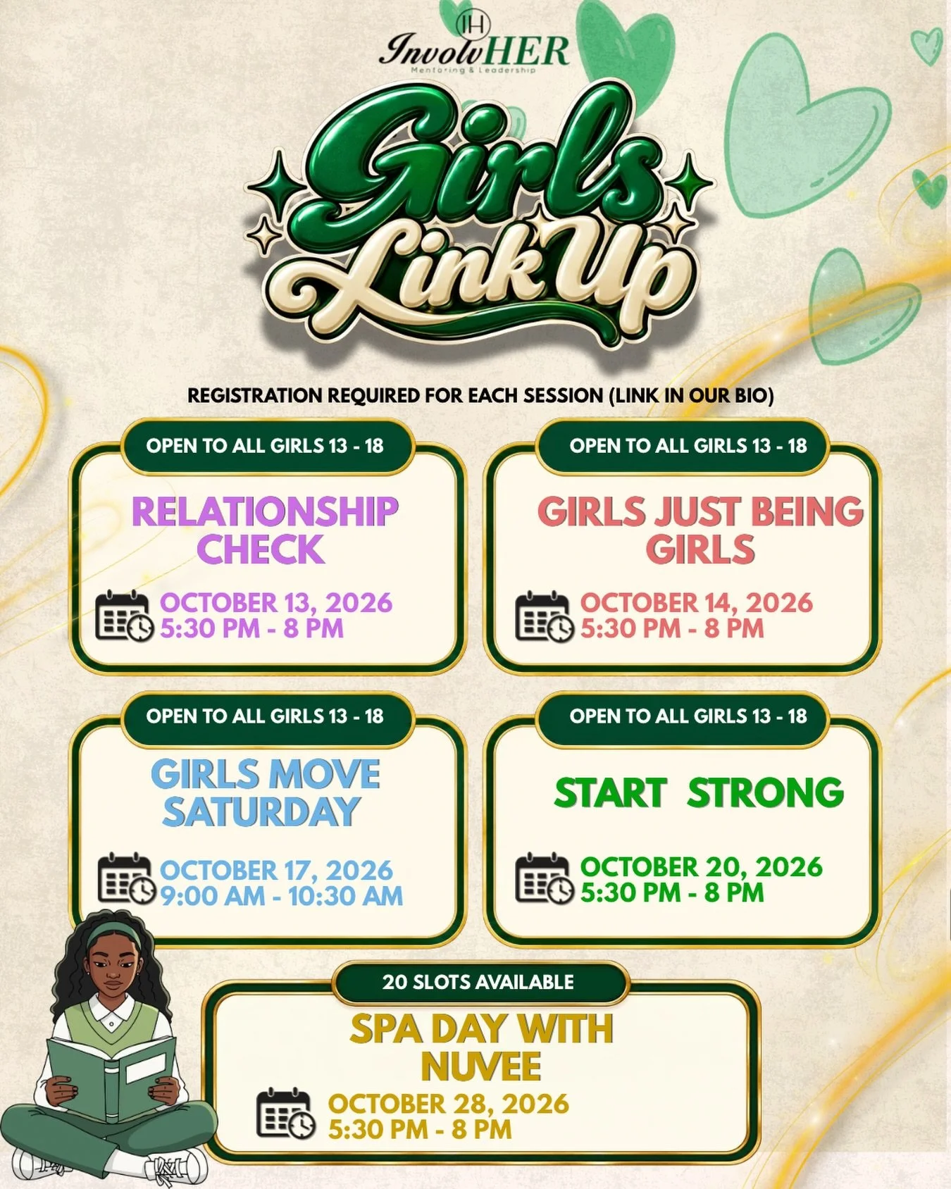 GIRLS, WHAT ARE WE GETTING INTO THIS OCTOBER?! 👀💚

We&rsquo;ve got some exciting programming lined up for the rest of the month, and we want YOU to be part of it! 🫶🏾✨

From new experiences to opportunities to learn, connect, and make memories, th