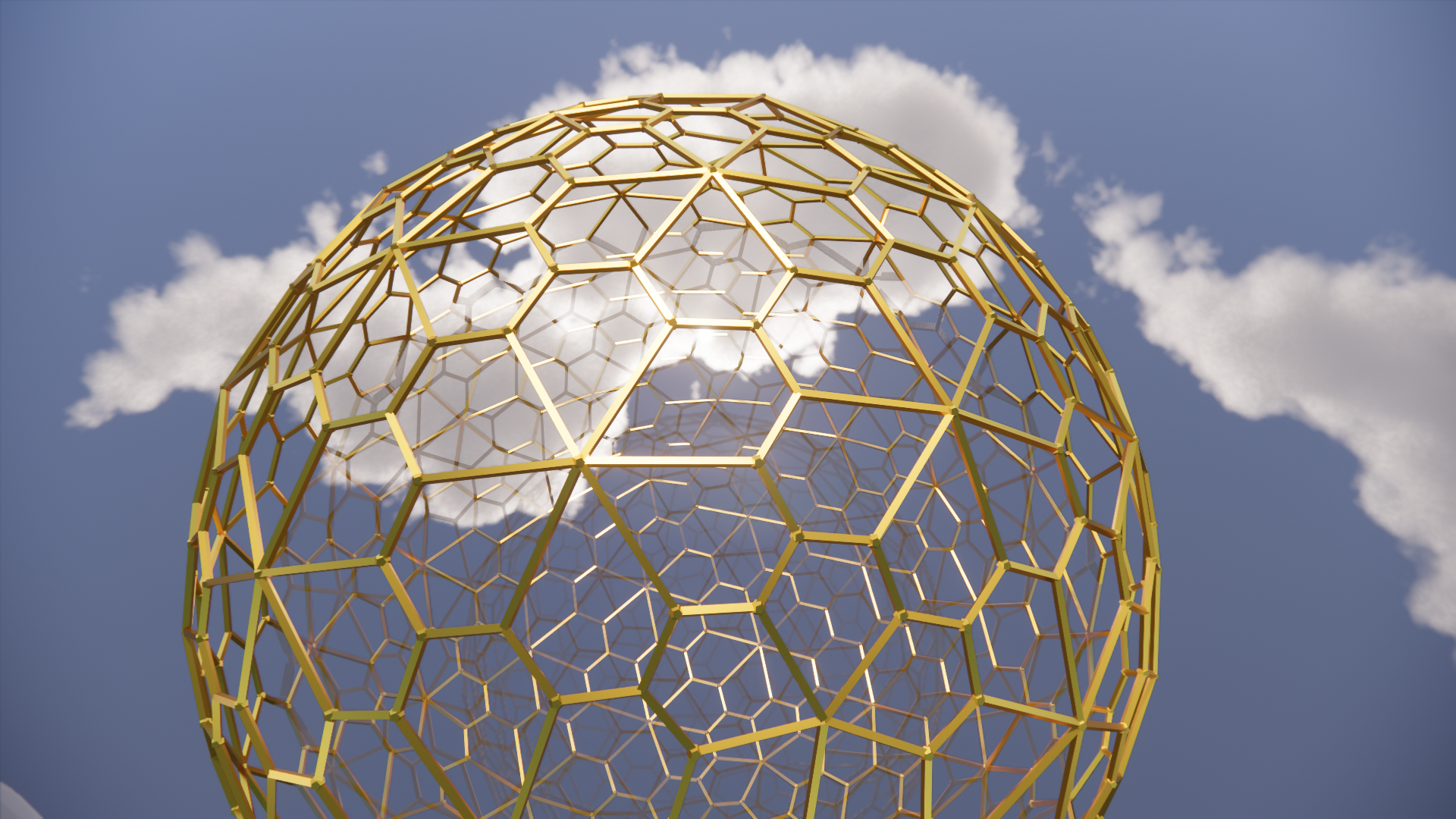 A golden geodesic sphere with honeycomb pattern structure against a daytime sky with clouds.