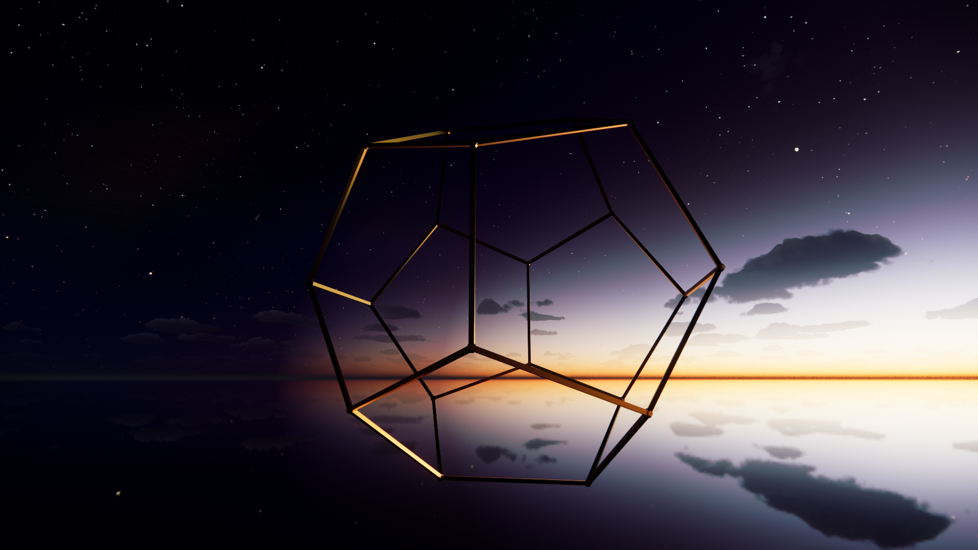 A large, geometric metallic sculpture resembling a polyhedron floats above a reflective body of water during a sunset or sunrise, with a starry sky and a few clouds visible in the background.