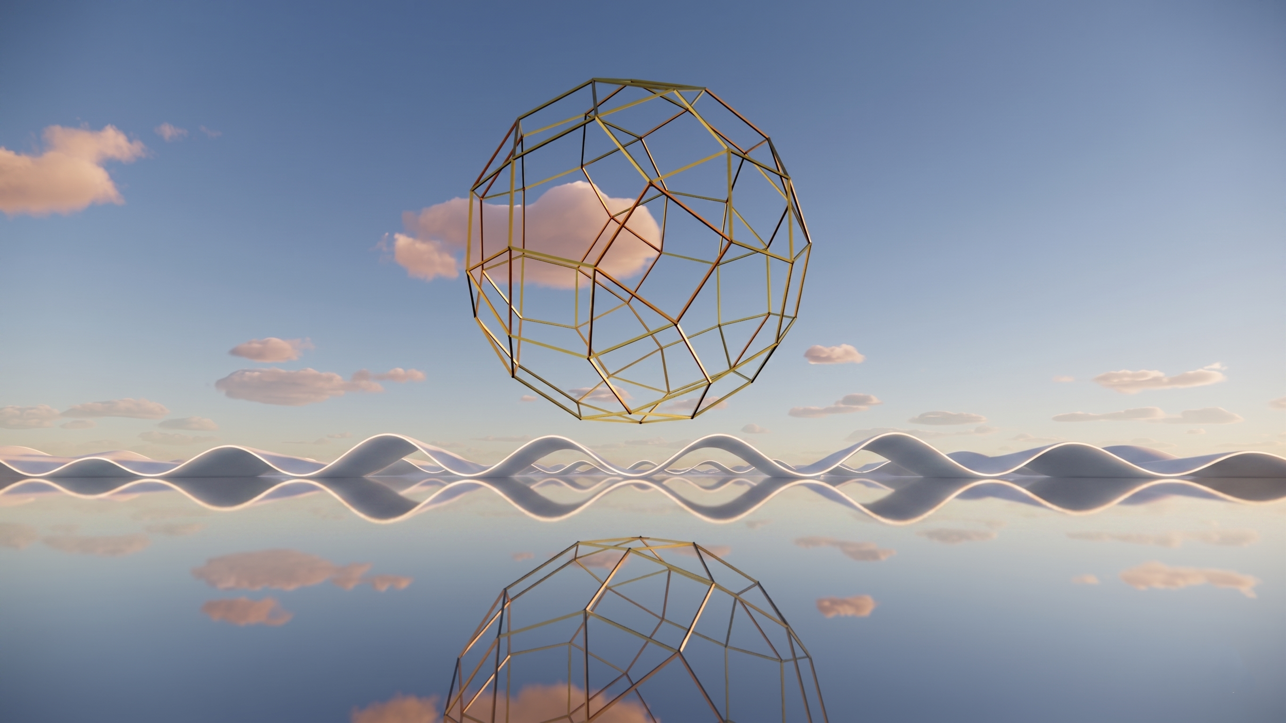 A geometric metal Geb Astra shape floating in the sky with clouds, reflected on a calm body of water below, creating a mirror image.