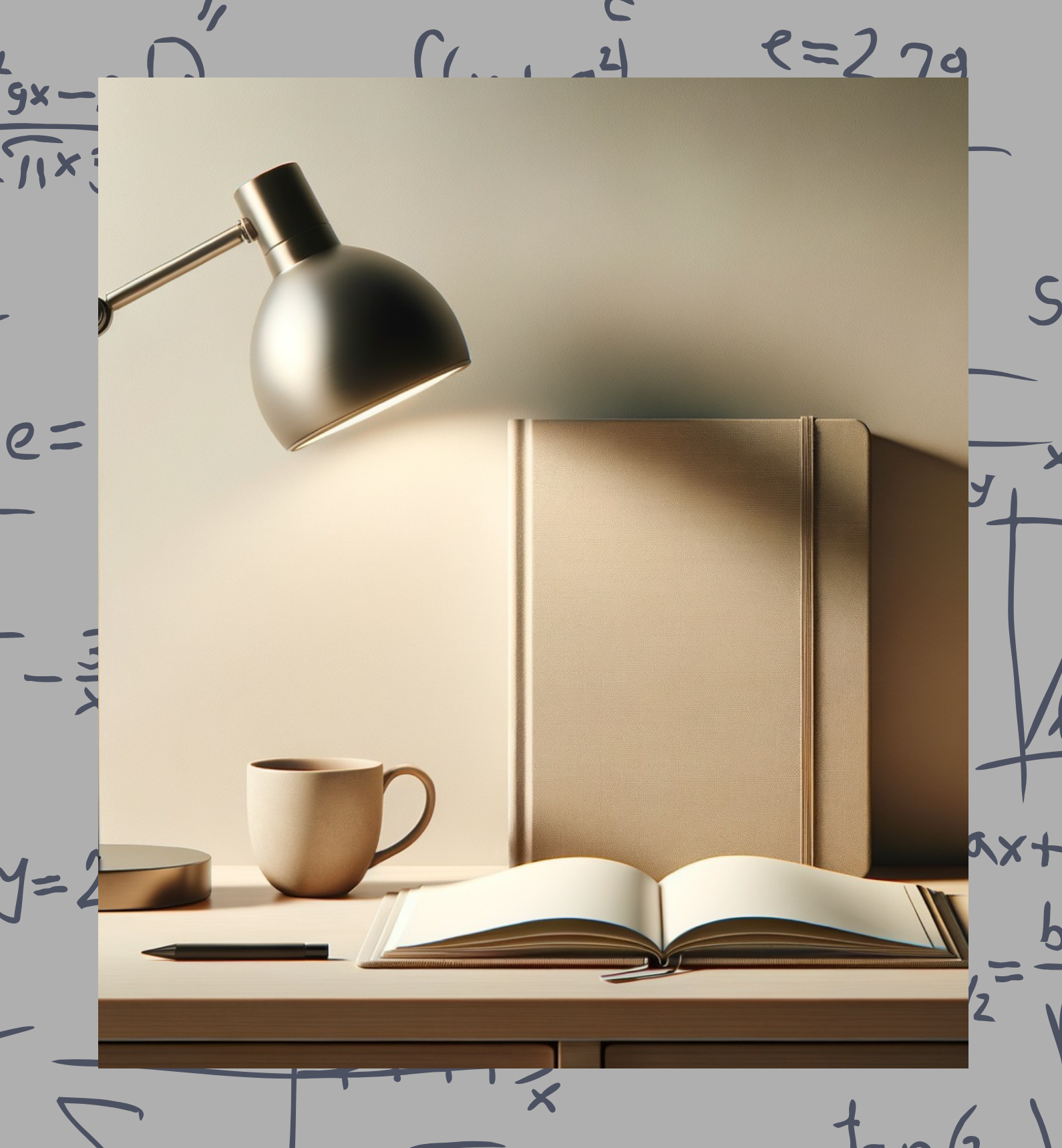 A minimalistic workspace with a black desk lamp, an open notebook, a black pen, a beige mug, and a closed beige book on a white desk against a neutral colored wall.