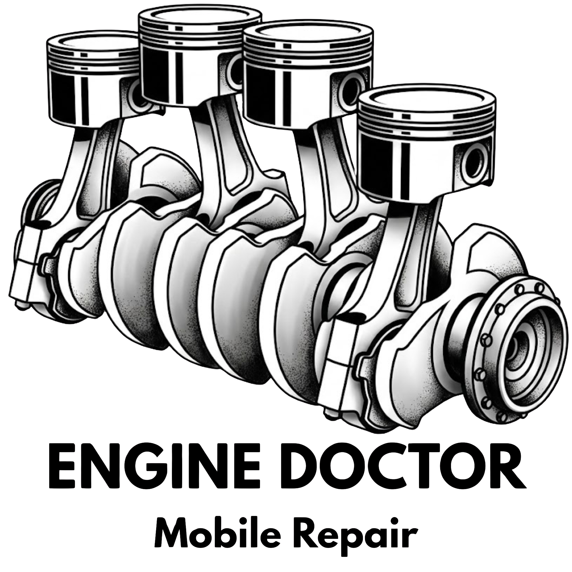 Black and white illustration of a mechanical engine with four pistons and the text 'Engine Doctor Mobile Repair'.