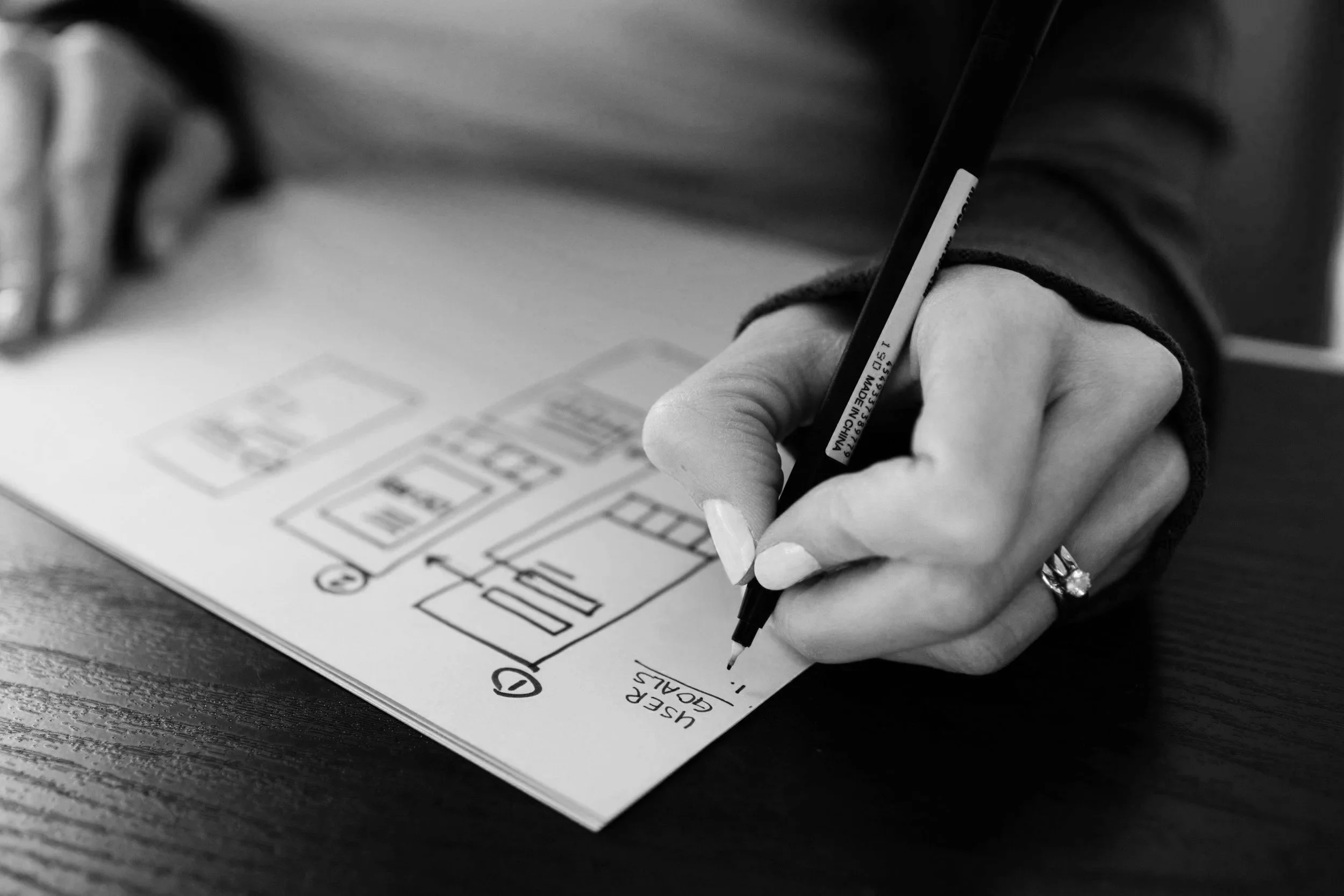 Person sketching a workflow plan, representing focused operational planning for law firms.