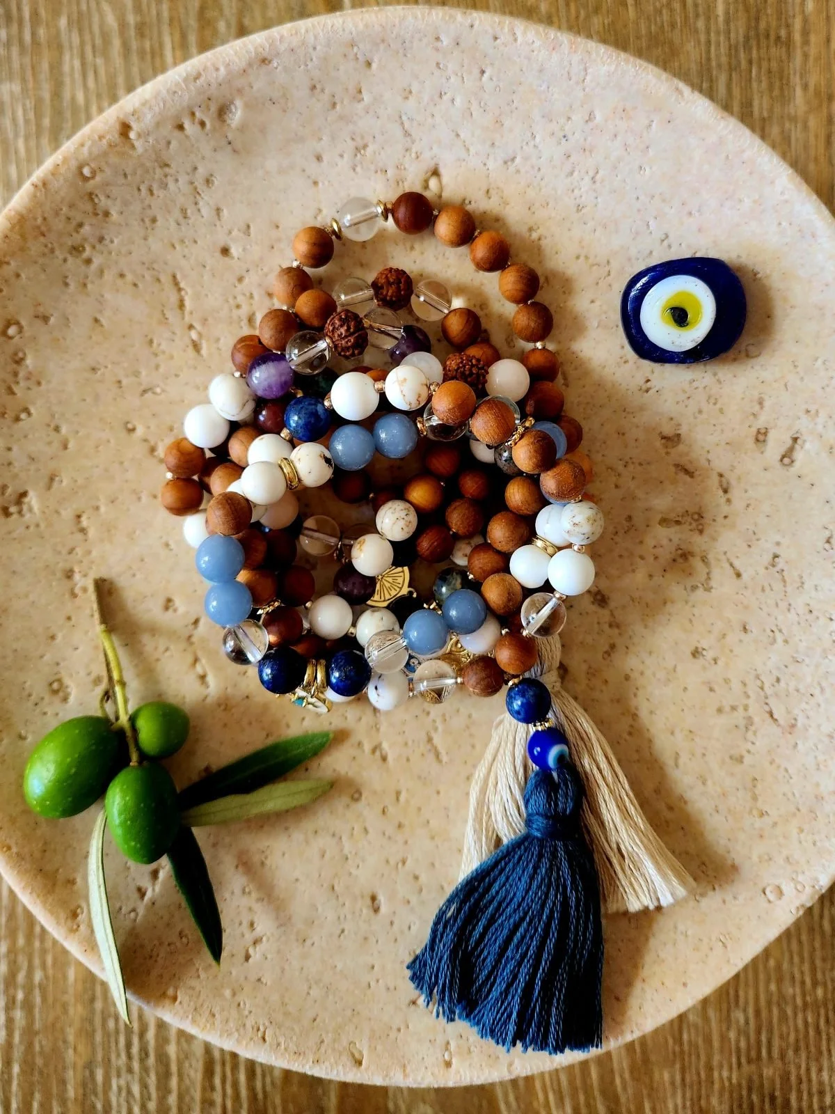 Tarnish Resistant Mala Bracelet with Sandalwood & Semi-Precious Stones 8mm