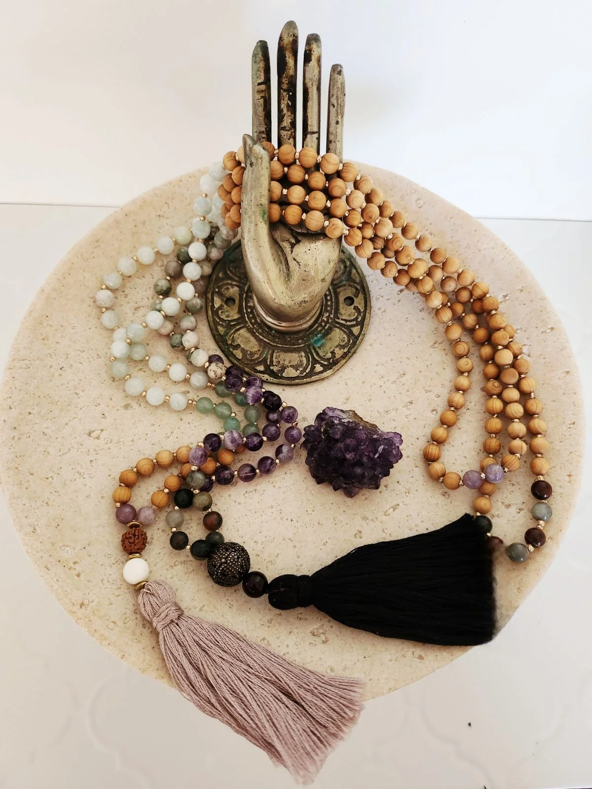 Sacred Sandalwood Mala Necklace with Semi-Precious Stones 6mm