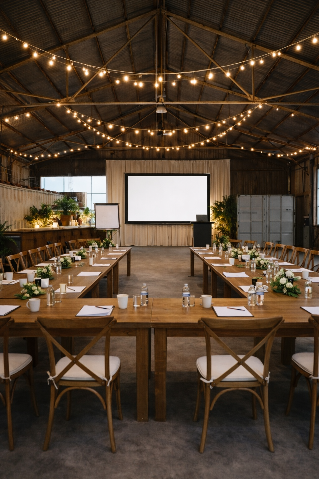 A rustic conference room with wooden tables arranged in a U-shape, decorated with white flowers, notebooks, pens, water bottles, and cups, set up for a meeting or presentation inside a barn with string lights hanging from the ceiling.