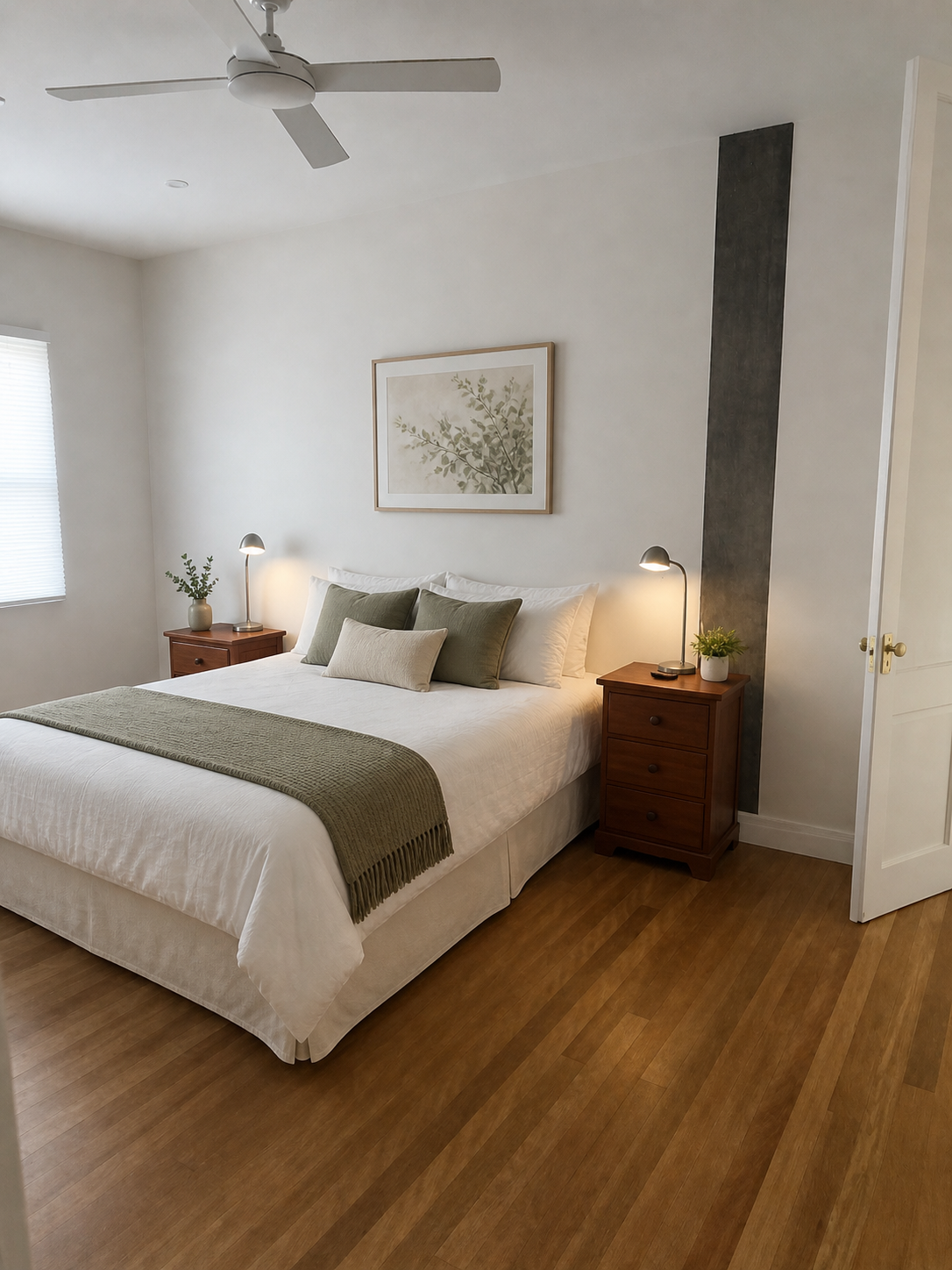 Modern bedroom with a large bed, green and beige pillows, a wooden nightstand with a small potted plant and a lamp on each side. There is a framed botanical print on the wall above the bed, hardwood flooring, and a ceiling fan.